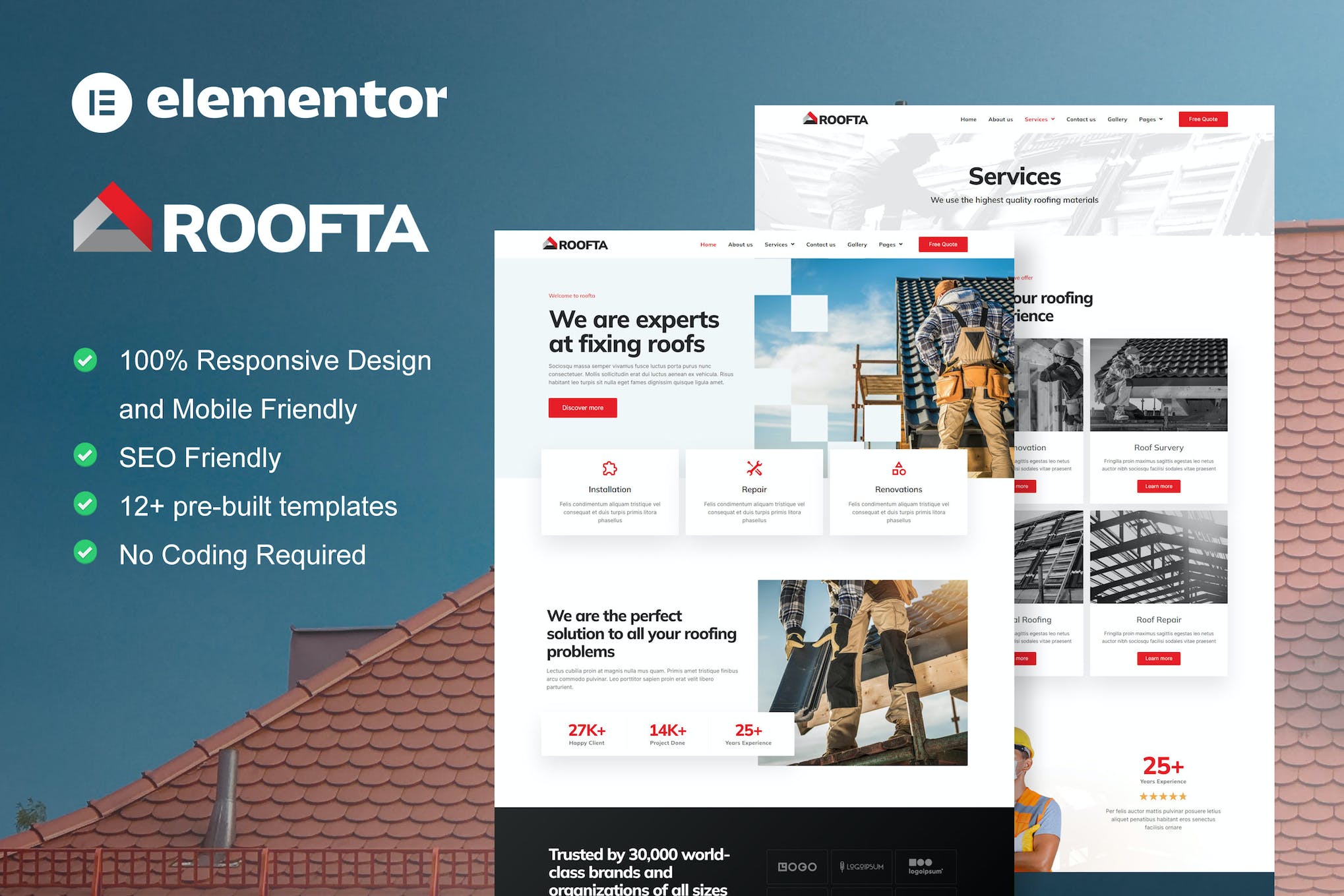 Roofta - Roofing Services Elementor Template Kit template kit cover image