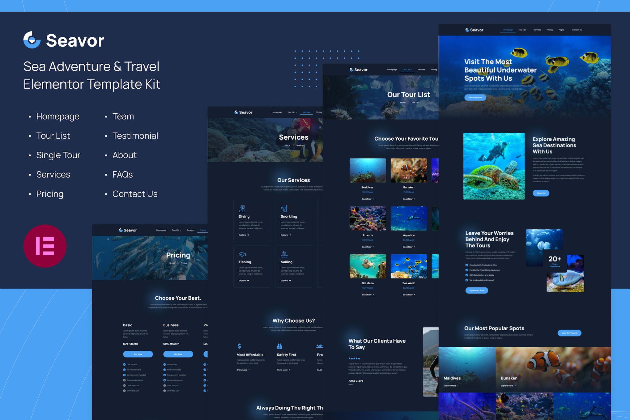 Seavor | Sea Adventure & Travel Elementor Template Kit template kit cover image