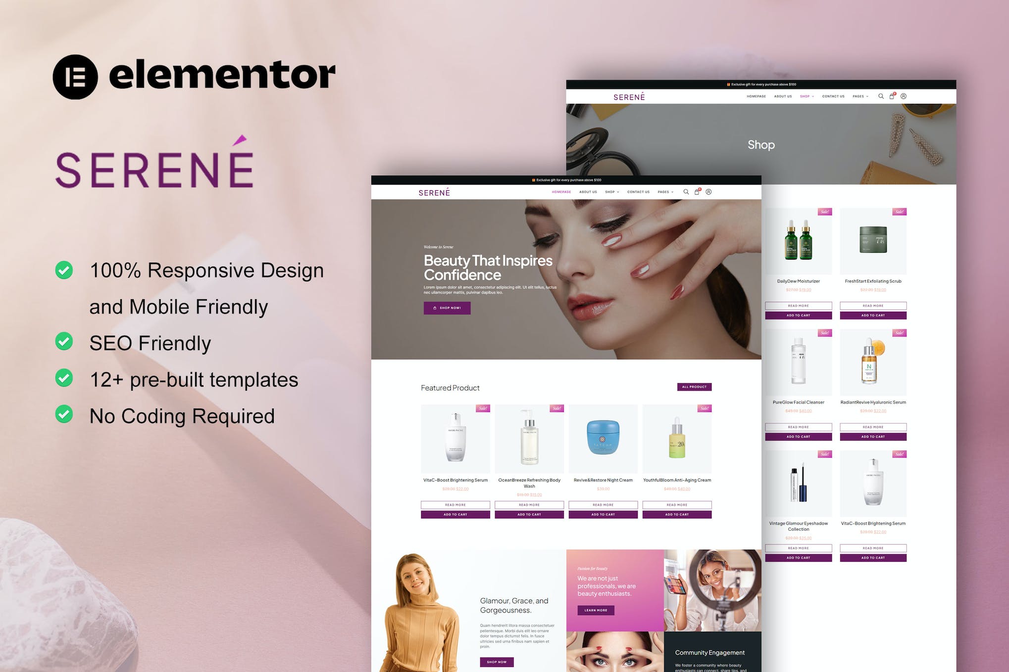 Serene - Beauty Shop & Skincare Elementor Pro Template Kit template kit cover image