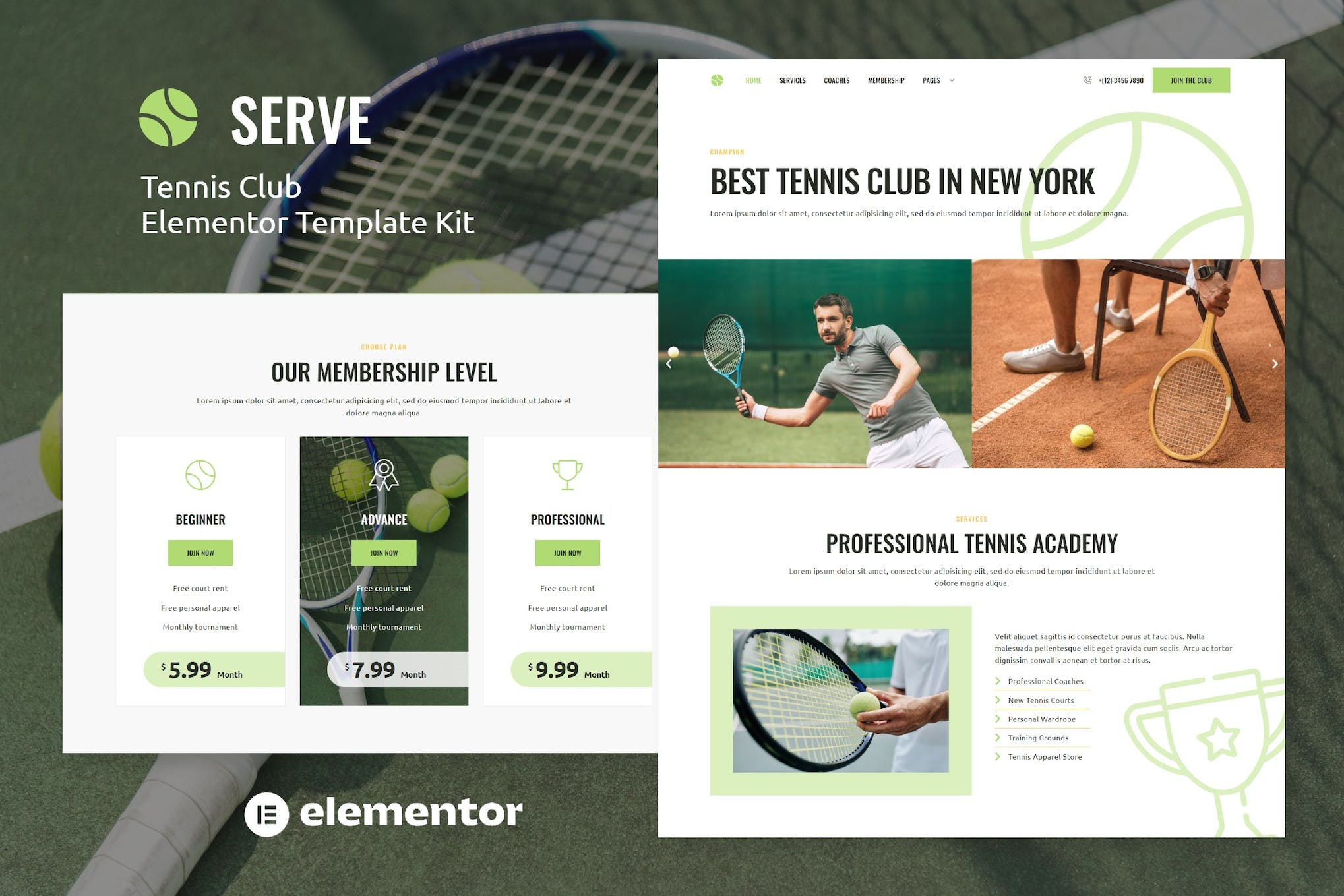 Serve - Tennis School & Sport Club Elementor Template Kit template kit cover image