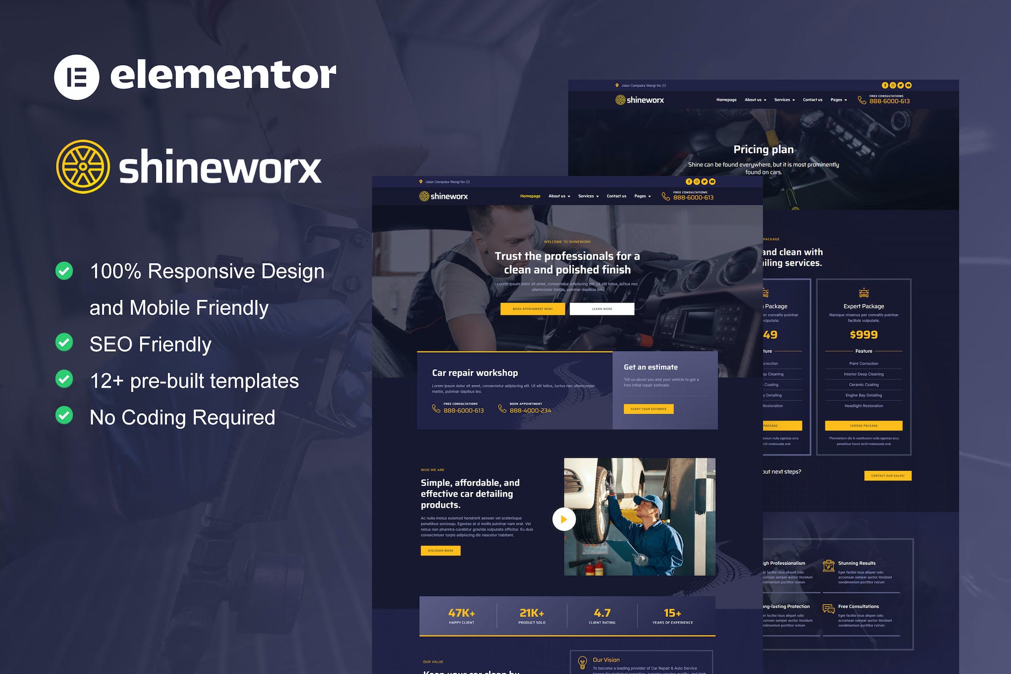 ShineWorx - Car Detailing Service & Car Repair Elementor Pro Template Kit template kit cover image