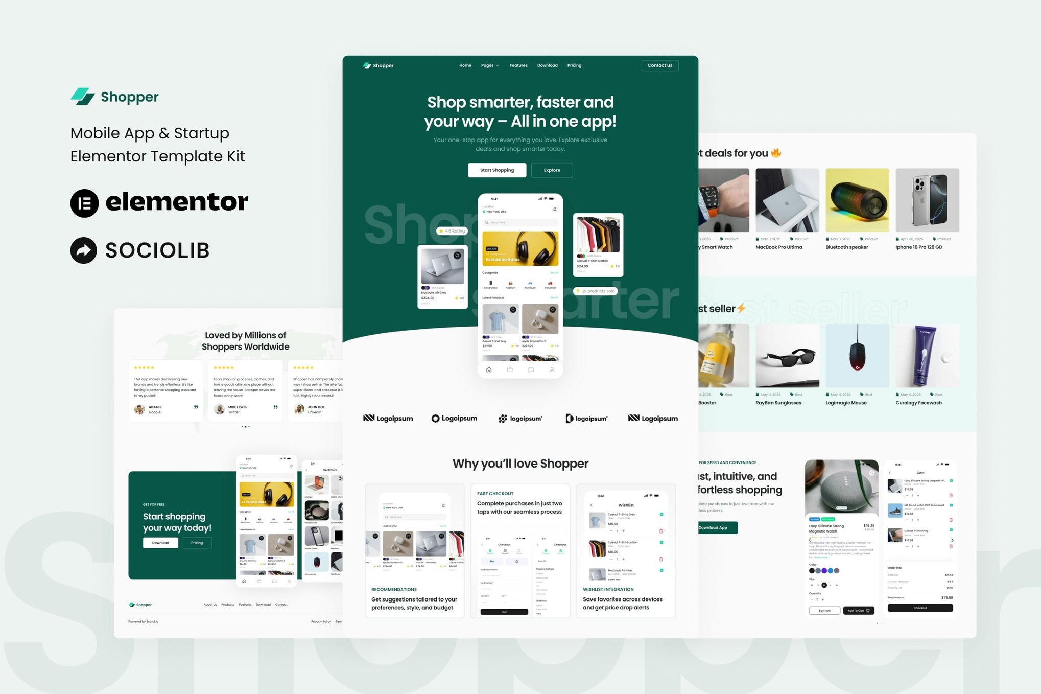 Shopper - Mobile App & Startup Showcase Elementor Template Kit template kit cover image