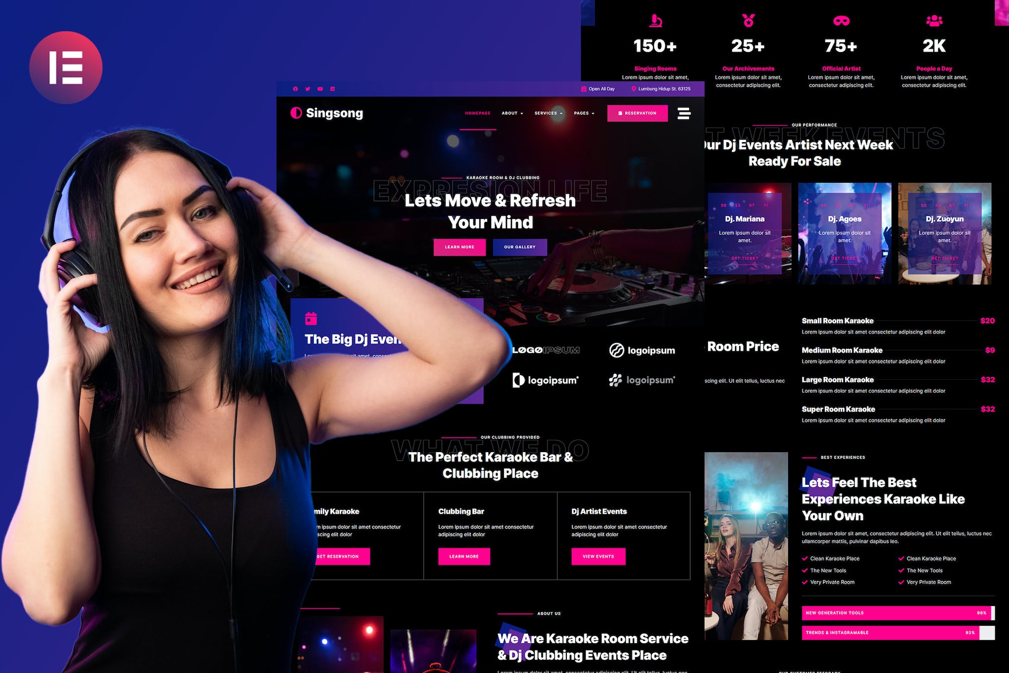 Singsong - Karaoke Rooms & Dj Clubbing Elementor Template Kit template kit cover image