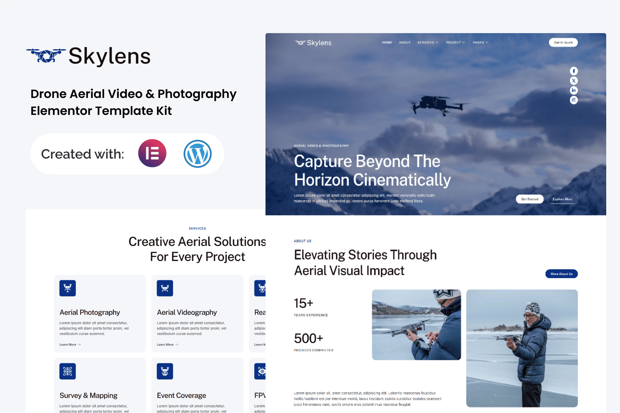 Skylens - Drone Aerial Video & Photography Elementor Template Kit template kit cover image