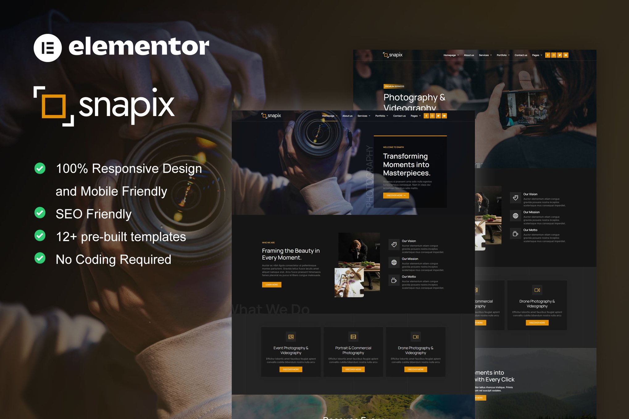 Snapix - Photography & Videography Services Elementor Template Kit template kit cover image