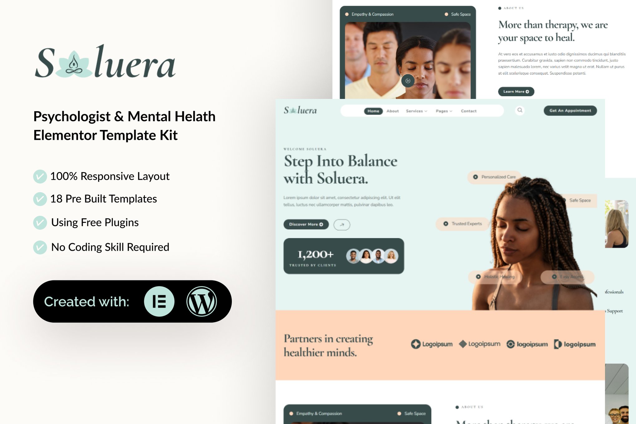 Soluera - Psychologist & Mental Health Elementor Template Kit template kit cover image