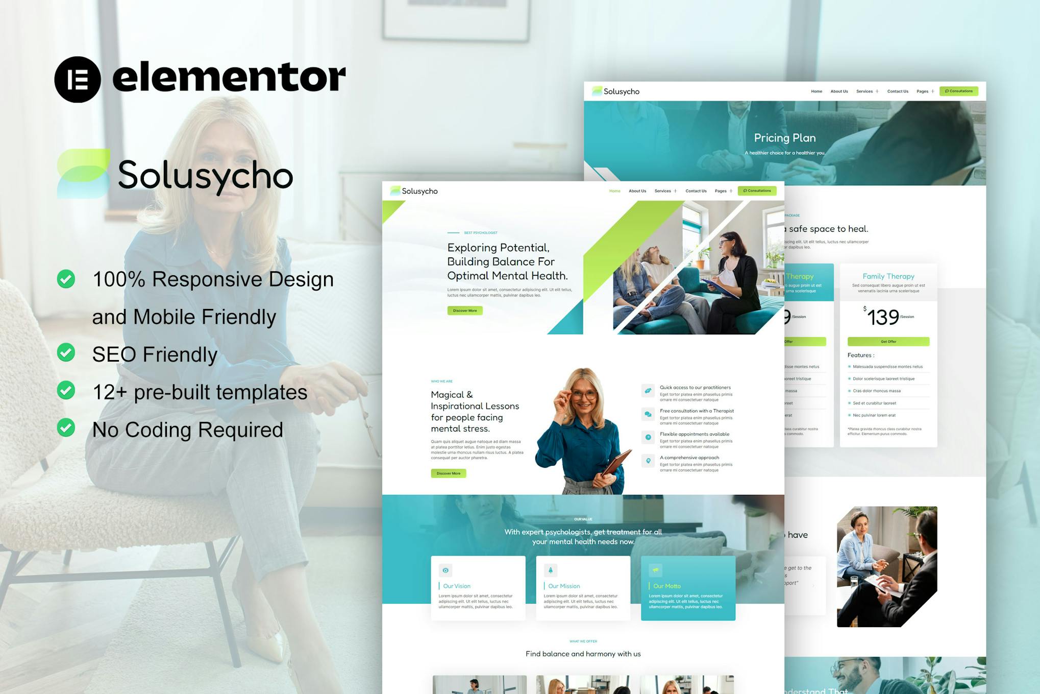 Solusycho - Psychology & Mental Health Elementor Template Kit template kit cover image
