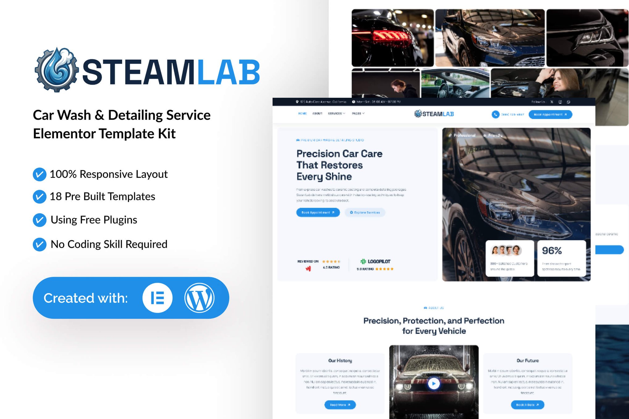 SteamLab - Car Wash & Detailing Service Elementor Template Kit template kit cover image