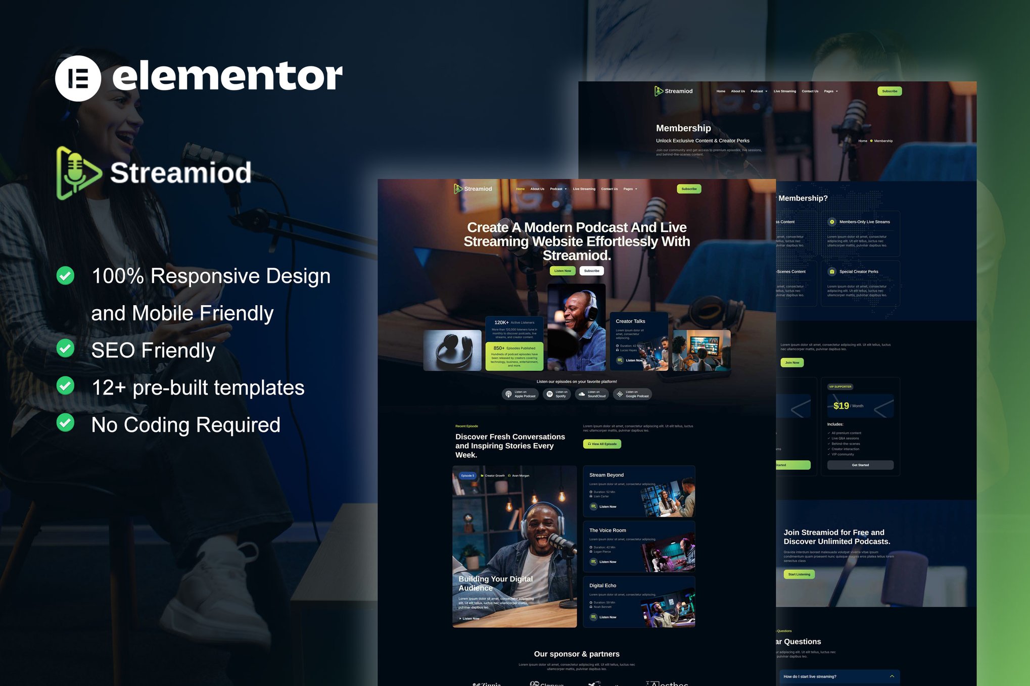 Streamiod - Podcaster & Music Streaming Elementor Template Kit template kit cover image