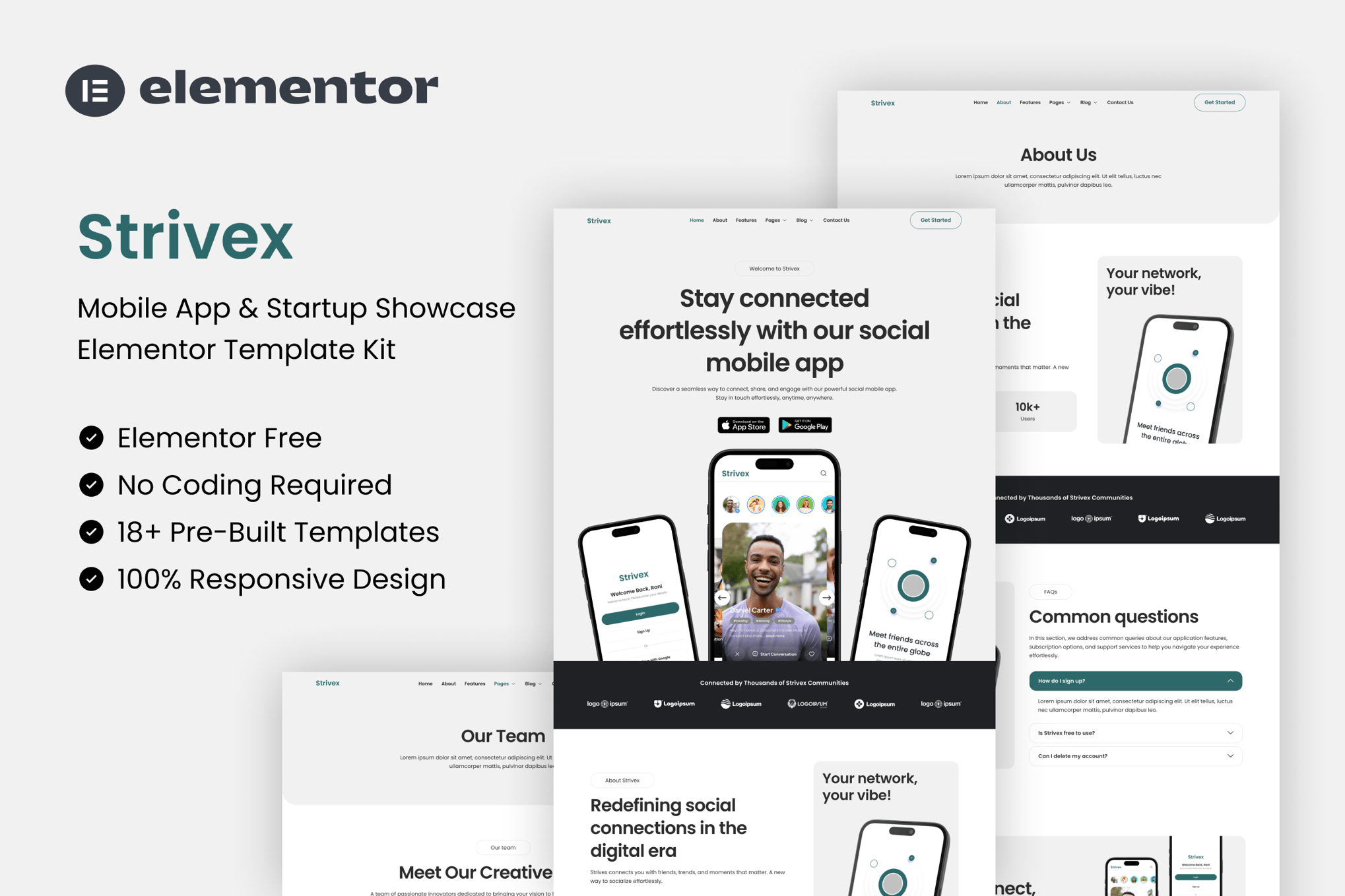 Strivex - Mobile App & Startup Showcase Elementor Template Kit template kit cover image