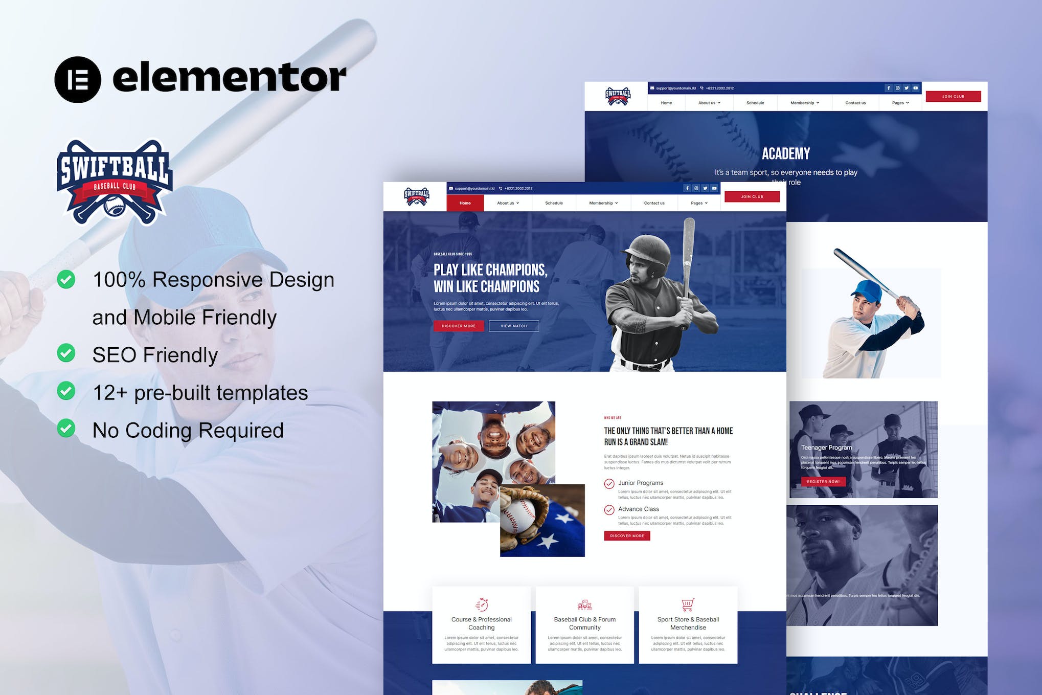 SwiftBall - BaseBall Team & Sport Club Elementor Pro Template Kit template kit cover image