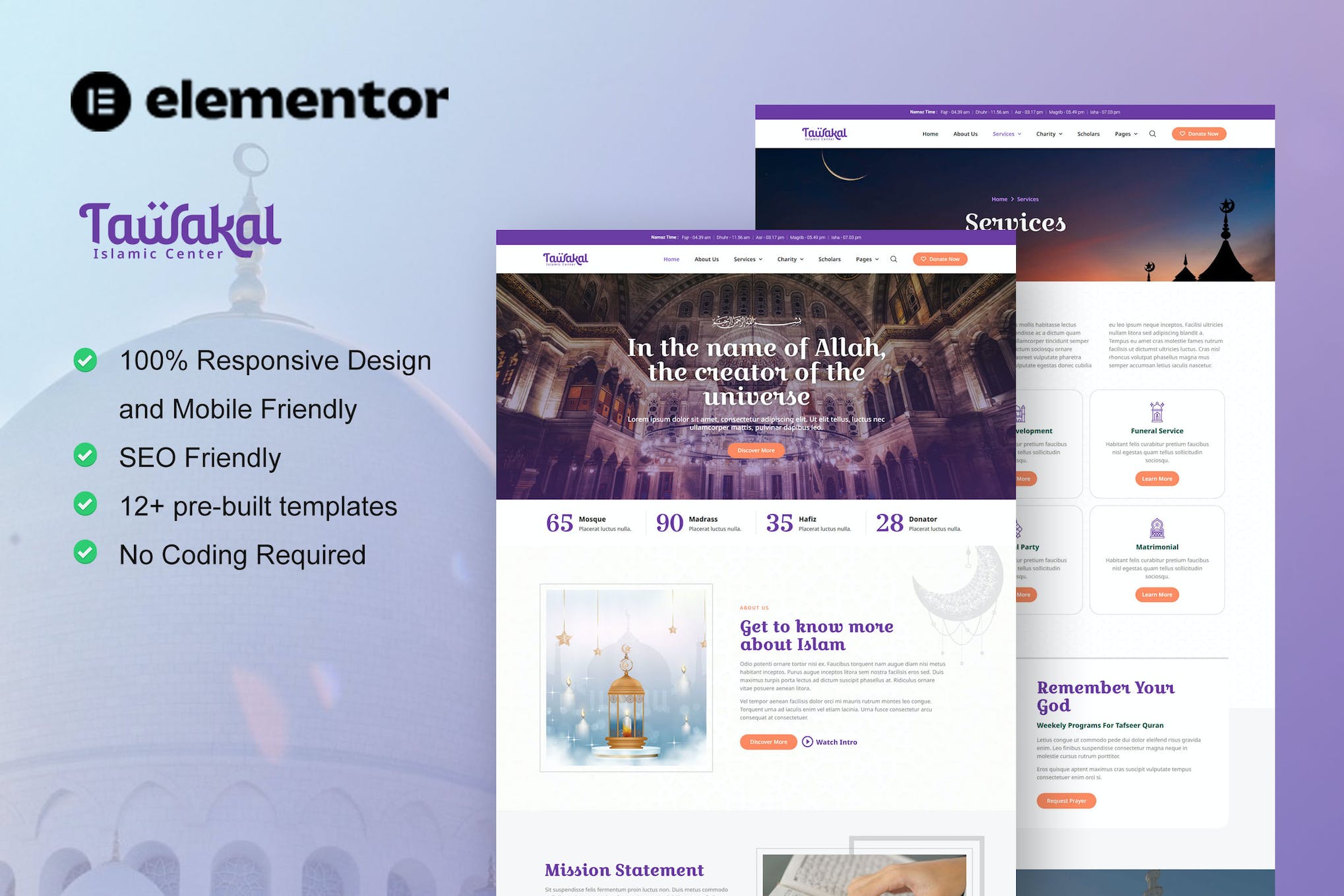 Tawakal - Mosque & Islamic Center Elementor Template Kit template kit cover image