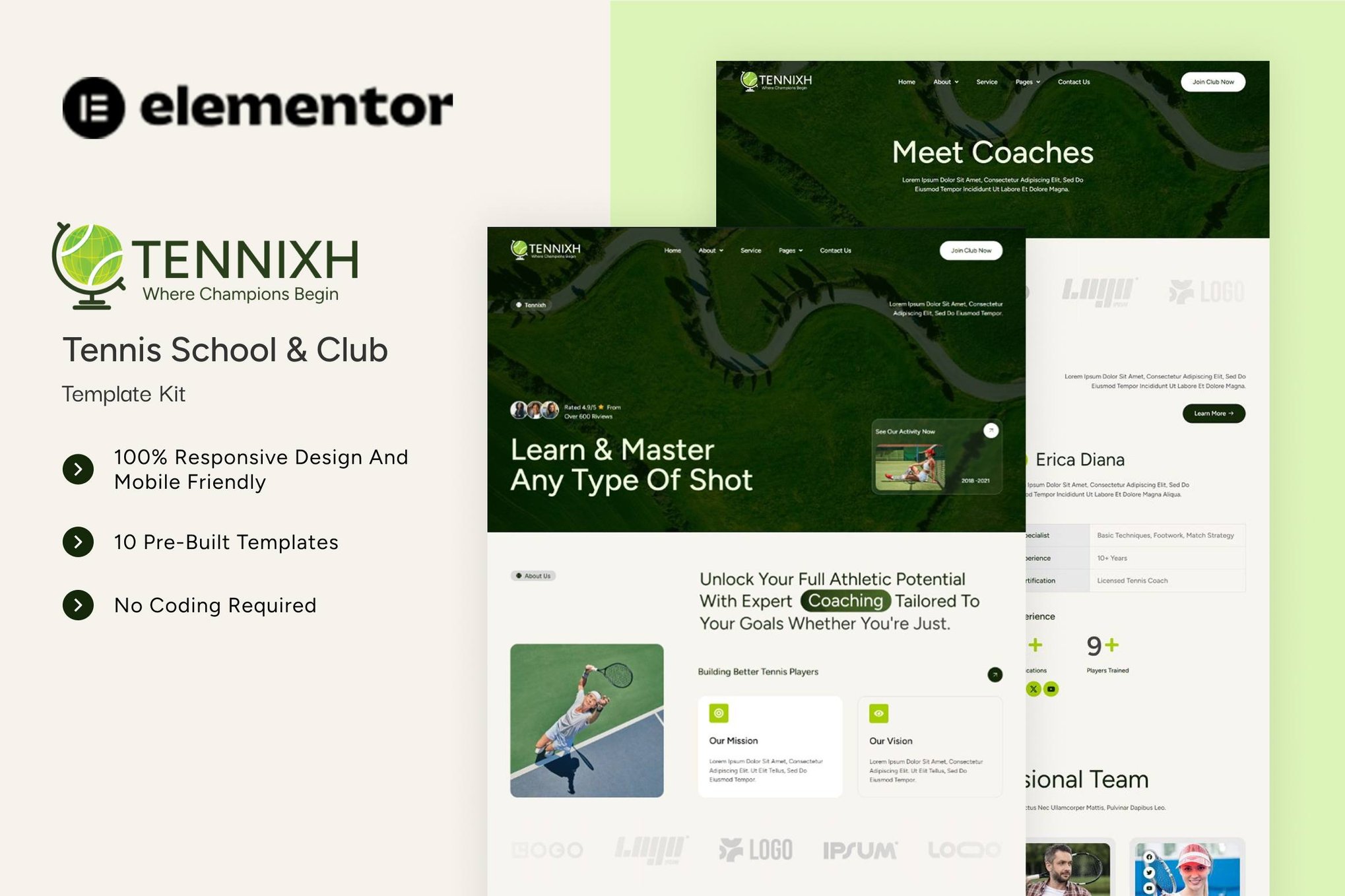 Tennixh - Tennis School & Club Elementor Template Kit template kit cover image