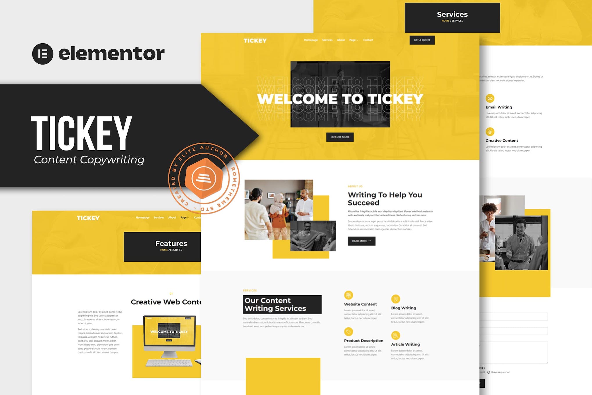 Tickey - Content Copywriting Services Elementor Template Kit template kit cover image