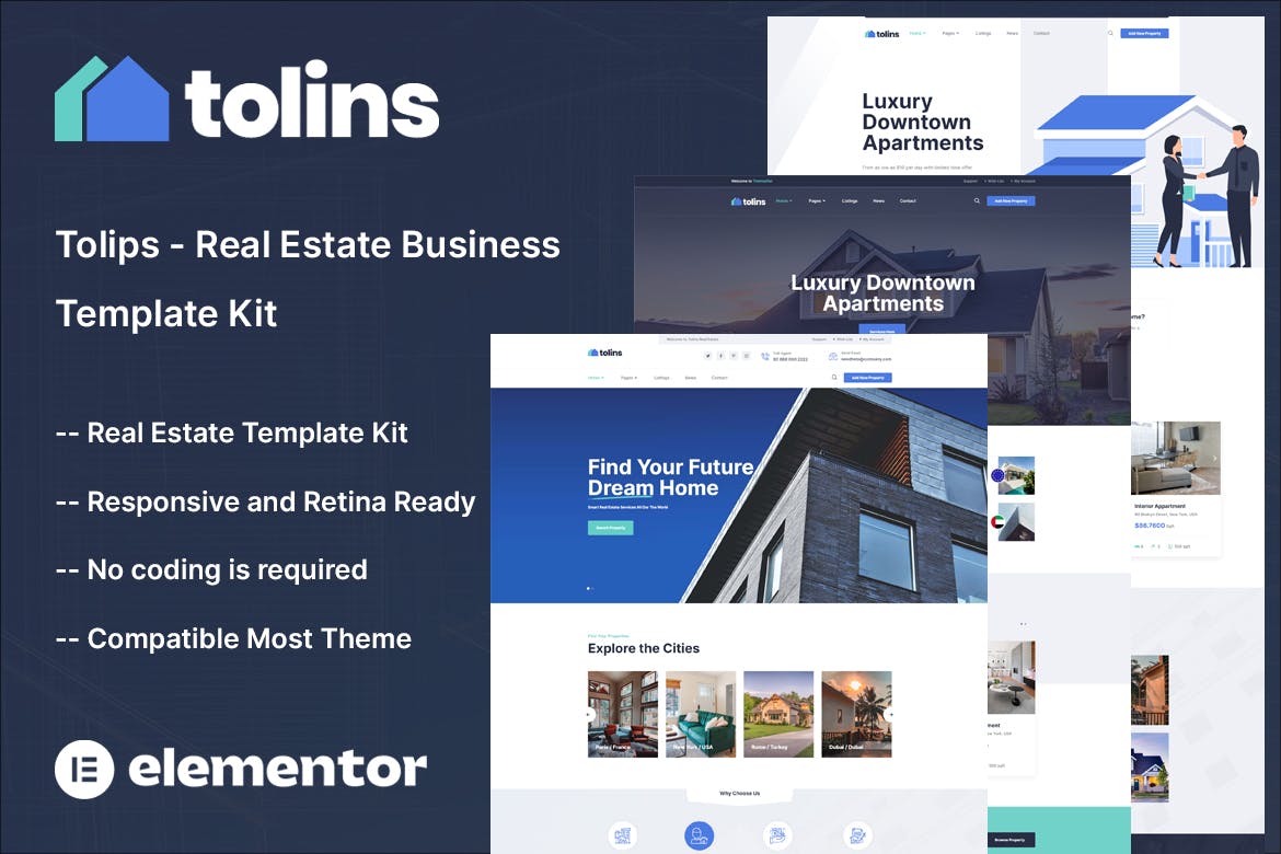 Tolips - Real Estate Business Elementor Template Kit template kit cover image