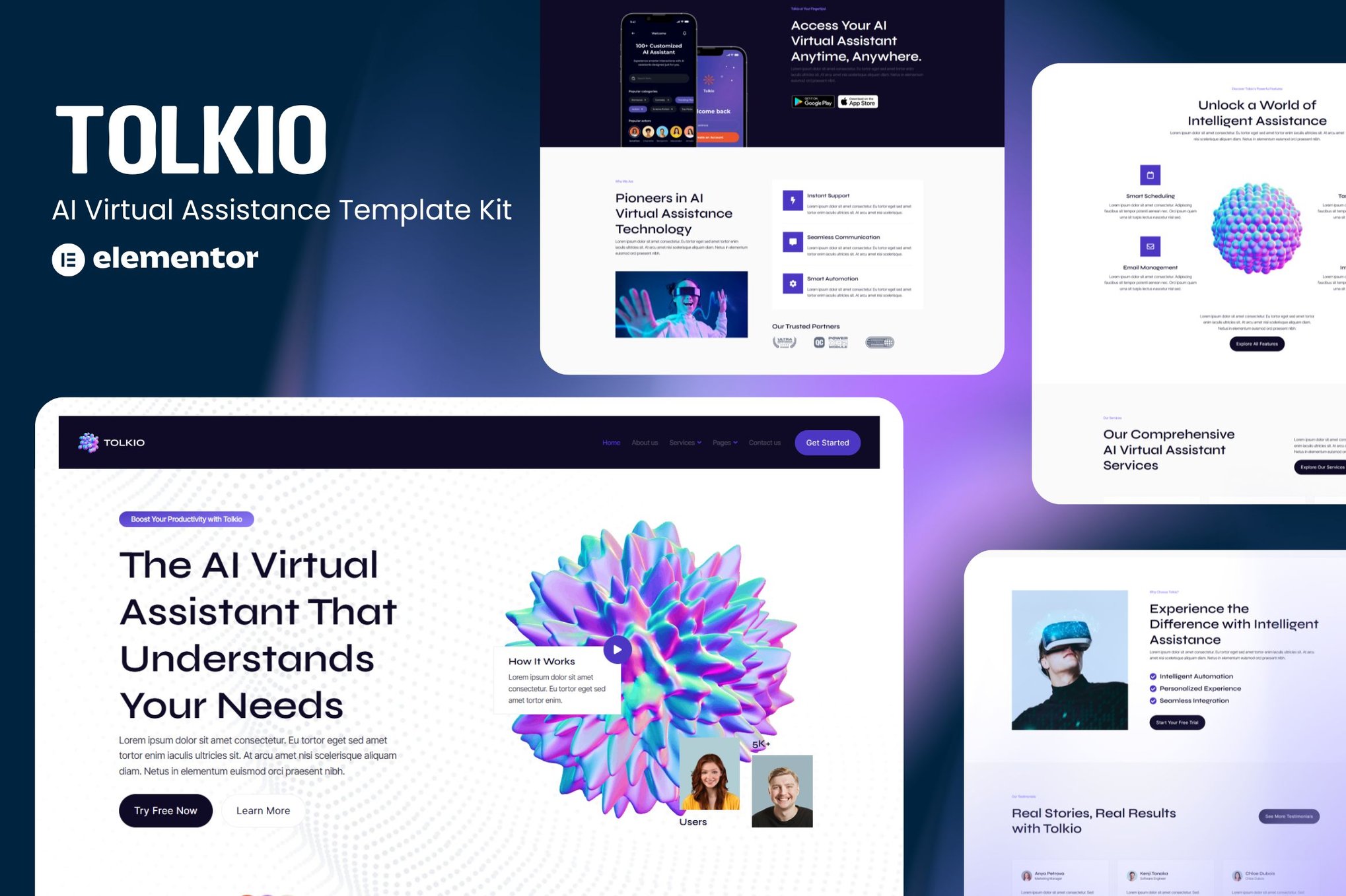 Tolkio - AI Virtual Assistance App Elementor Template Kit template kit cover image