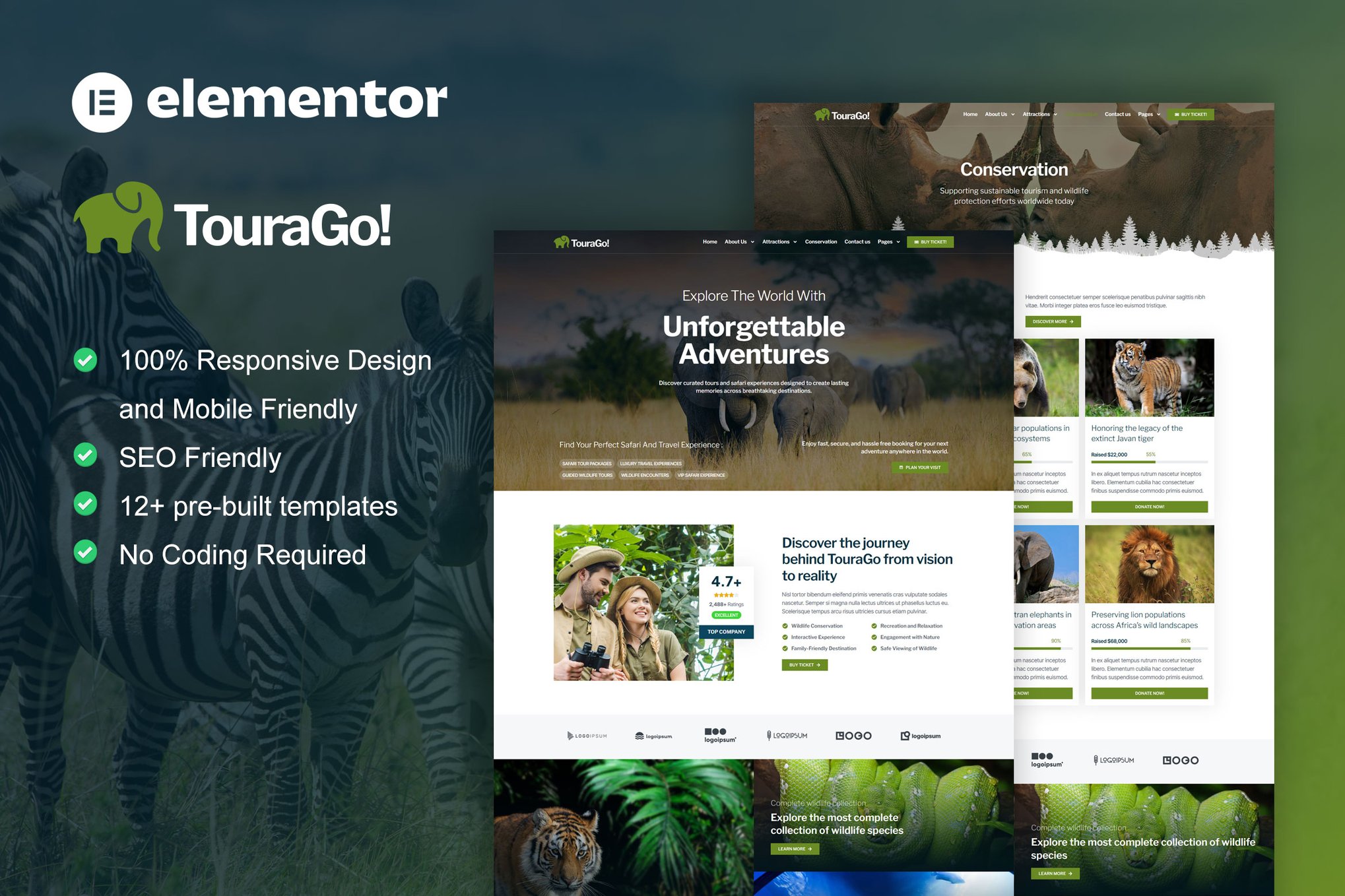 Tourago - Safari & Zoo Elementor Pro Template Kit template kit cover image