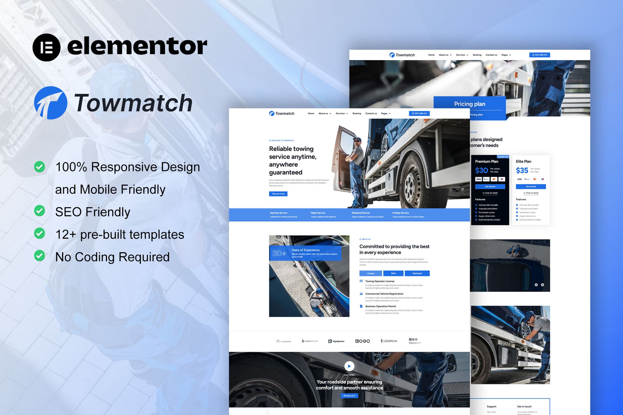 TowMatch - Towing Services Elementor Pro Template Kit template kit cover image