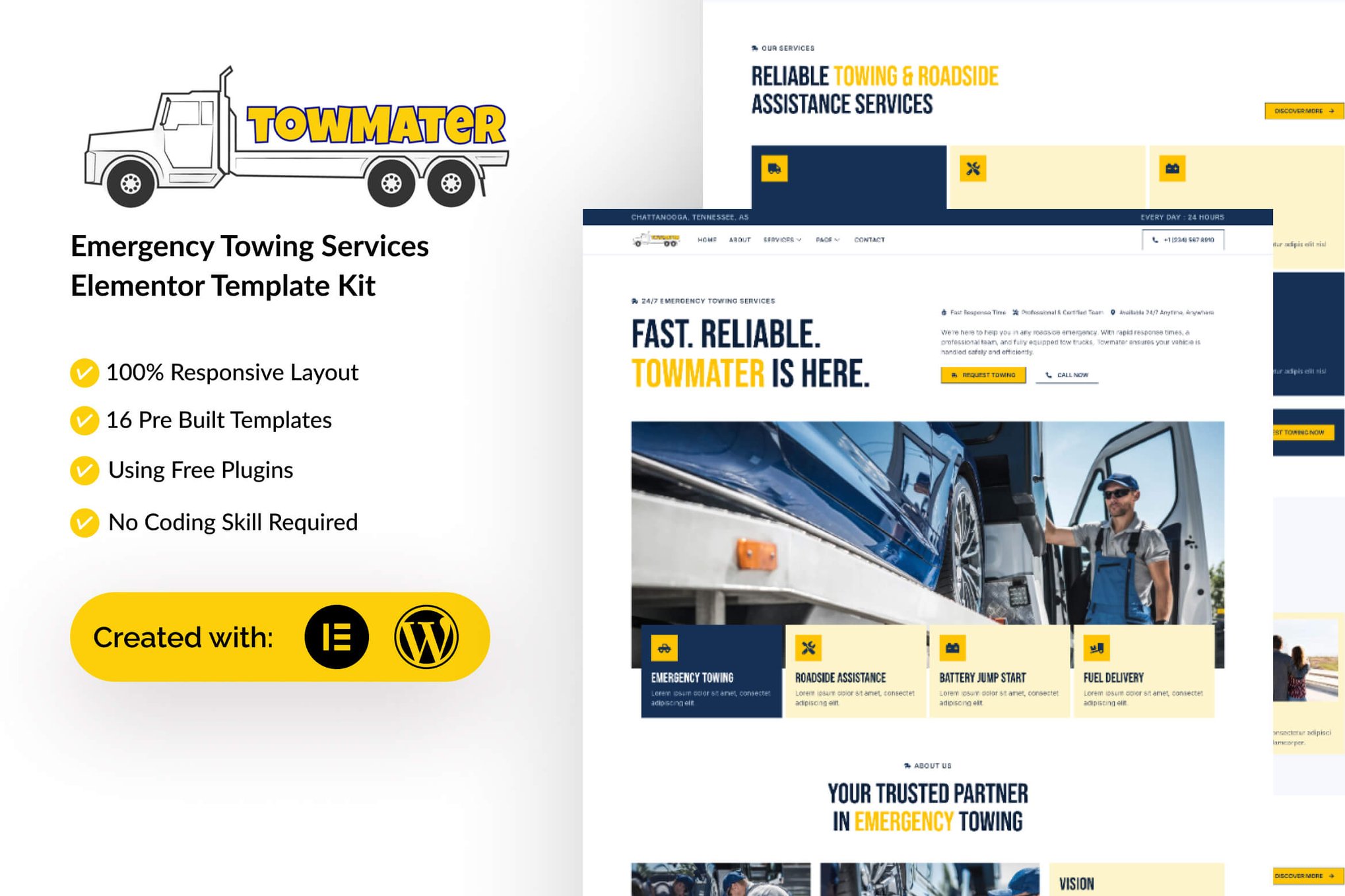 Towmater - Emergency Towing Service Elementor Template Kit template kit cover image