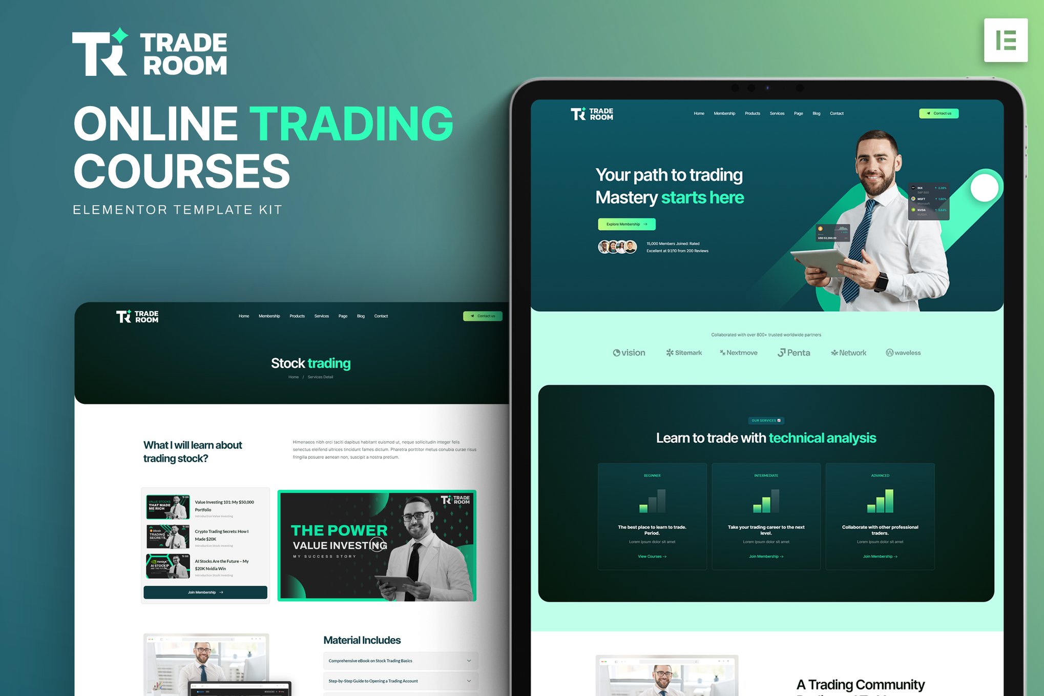 Traderoom - Online trading courses Elementor Template Kit template kit cover image