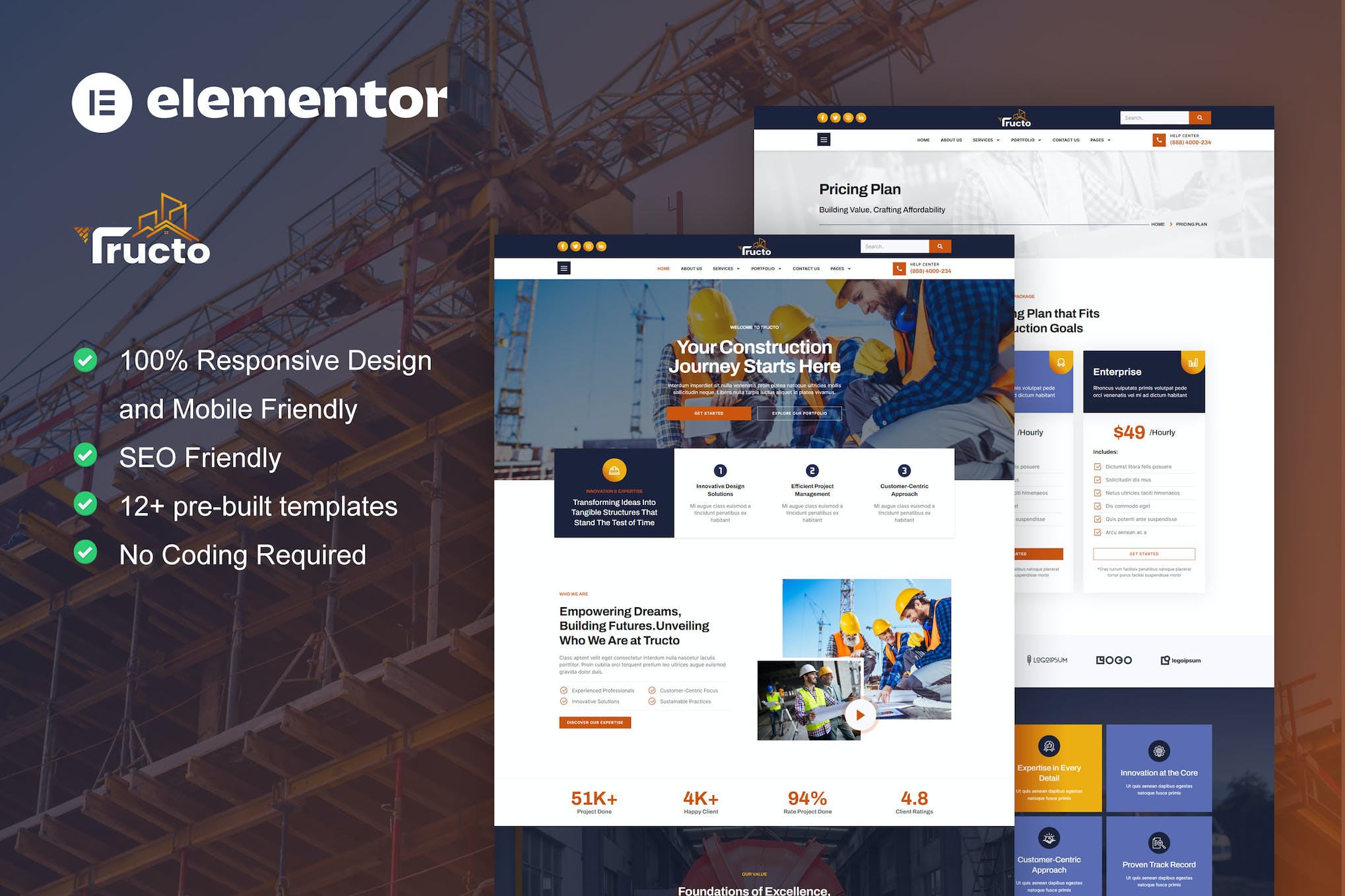 Tructo - Construction Service & Building Elementor Pro Template Kit template kit cover image