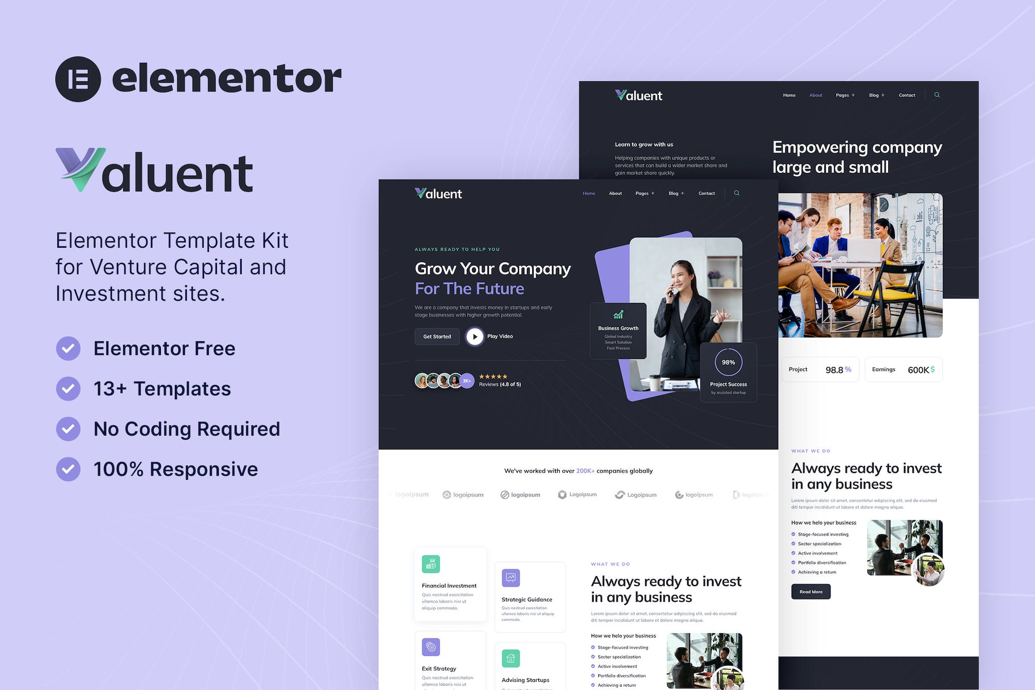 Valuent – Venture Capital & Investment Elementor Template Kit template kit cover image