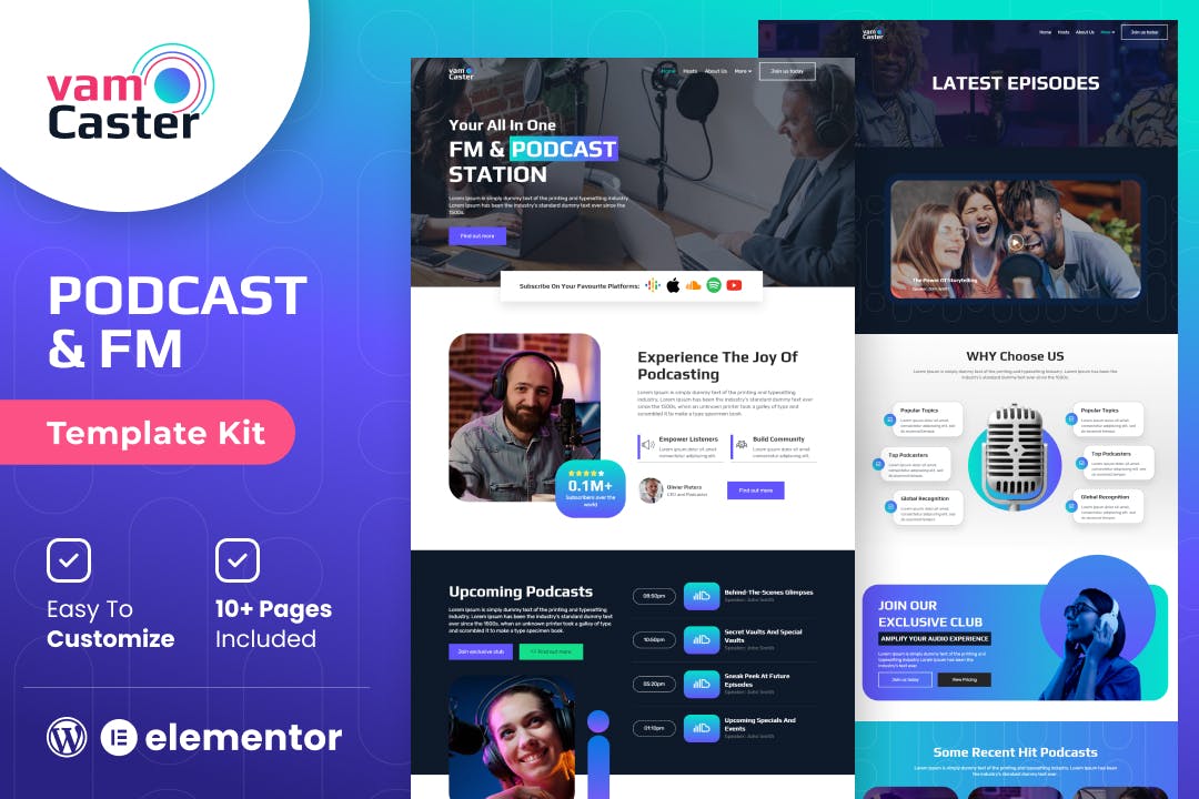 Vamcaster - Podcast & Video Streaming Elementor Template Kit template kit cover image