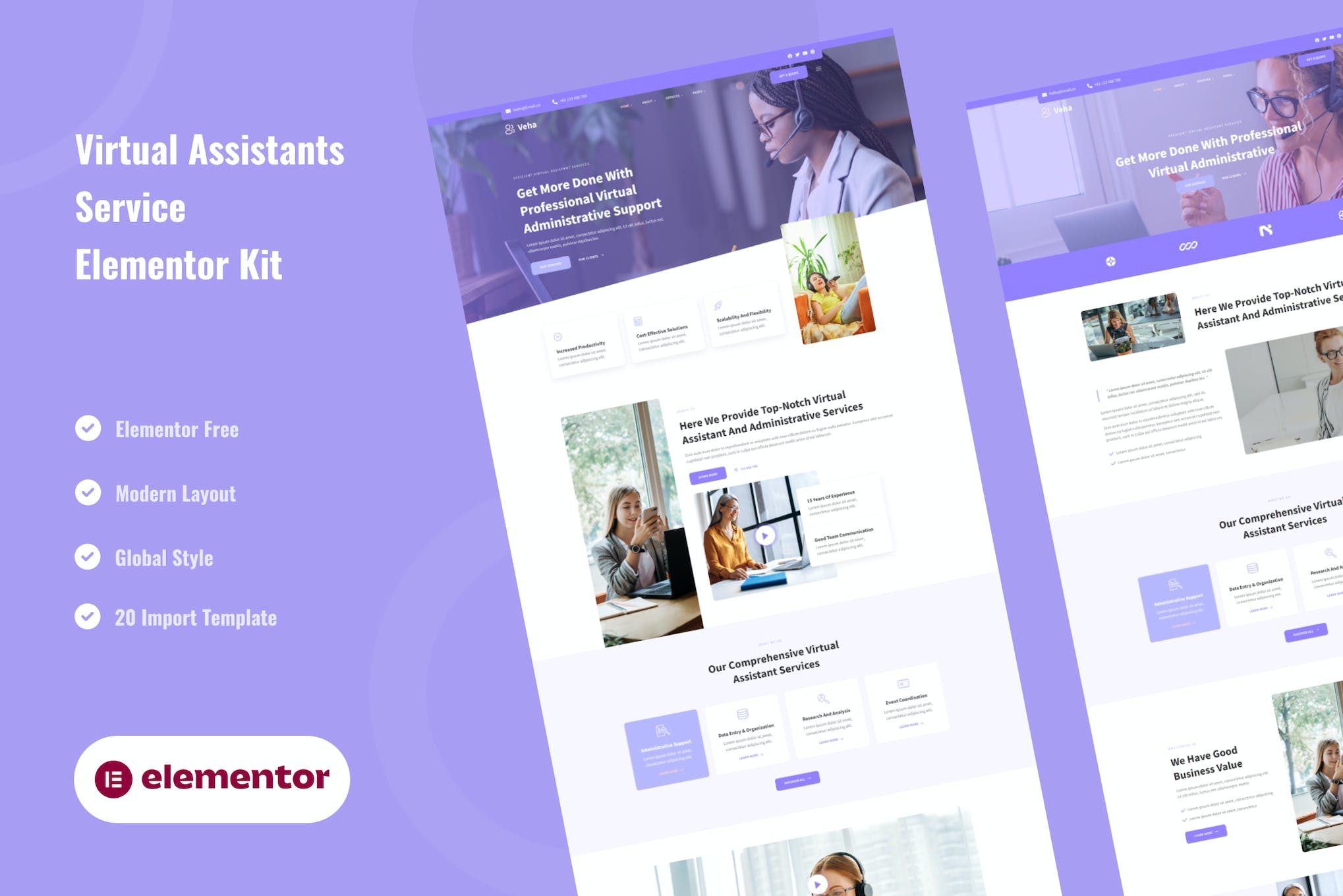 Veha - Virtual Assistant & Administrative Elementor Template Kit template kit cover image