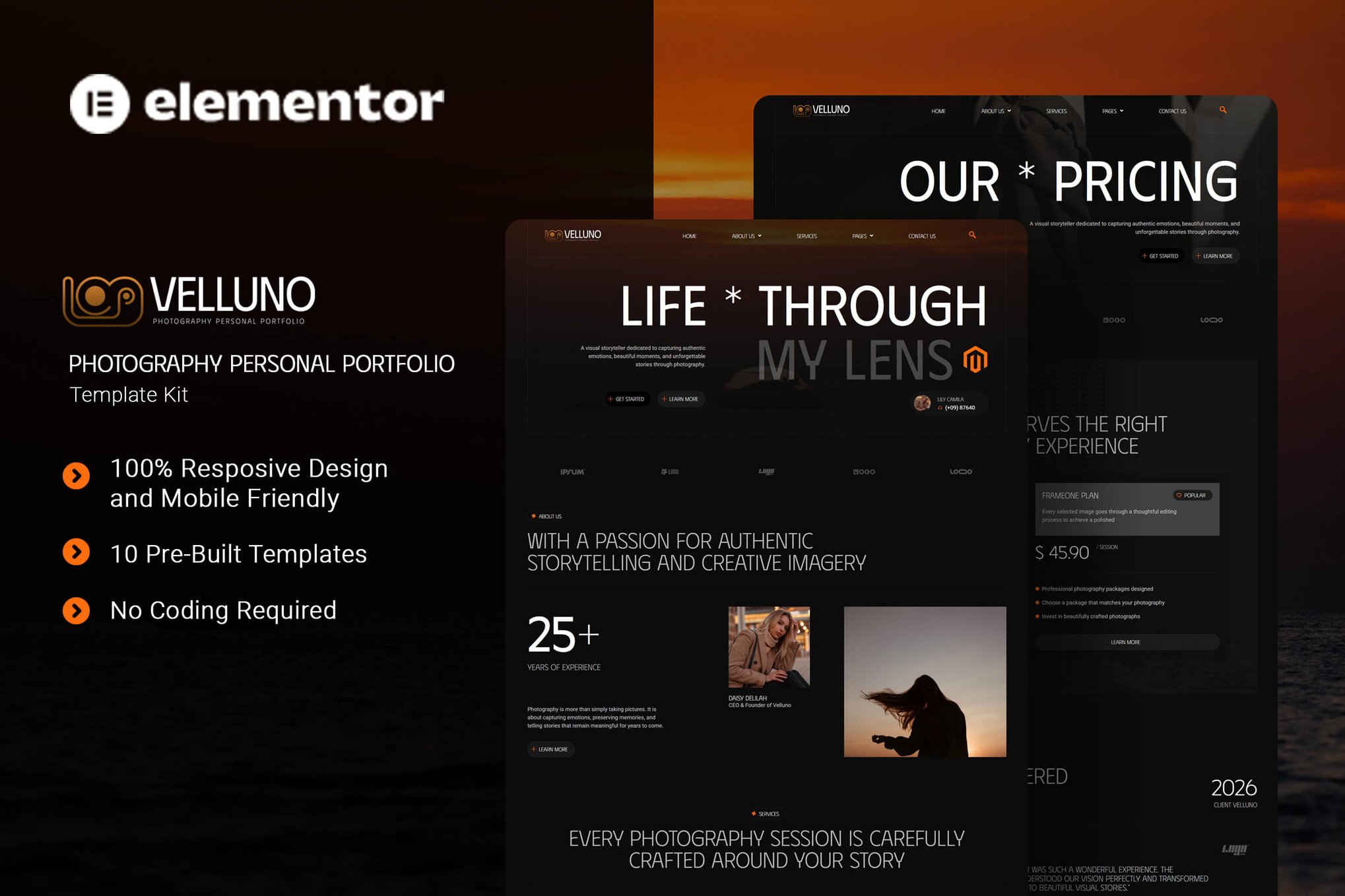 Velluno - Photography Personal Portfolio Elementor Template Kit template kit cover image