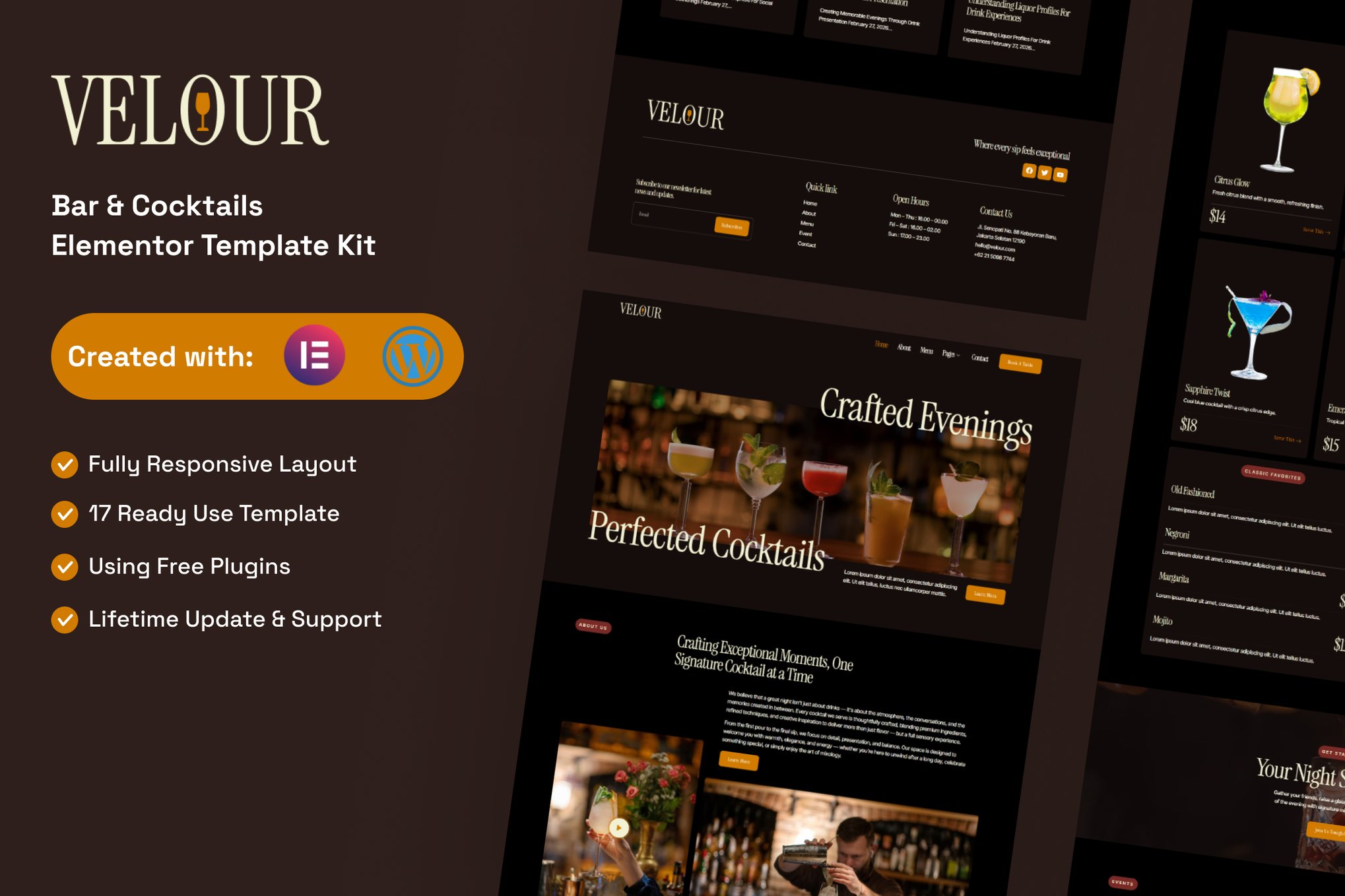 Velour - Bar & Cocktails Elementor Template Kit template kit cover image