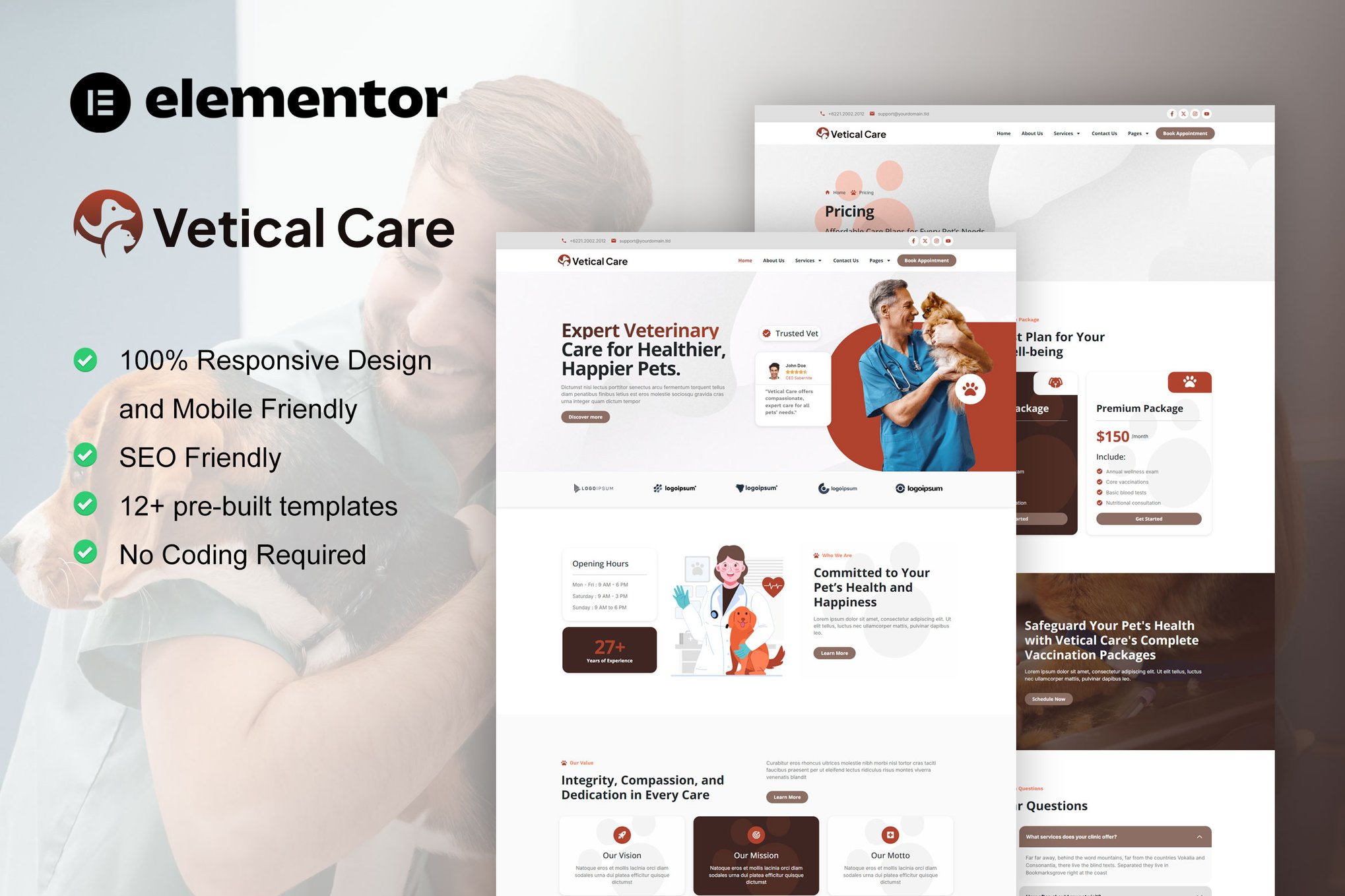 VeticalCare - Veterinary & Pet Care Elementor Pro Template Kit template kit cover image