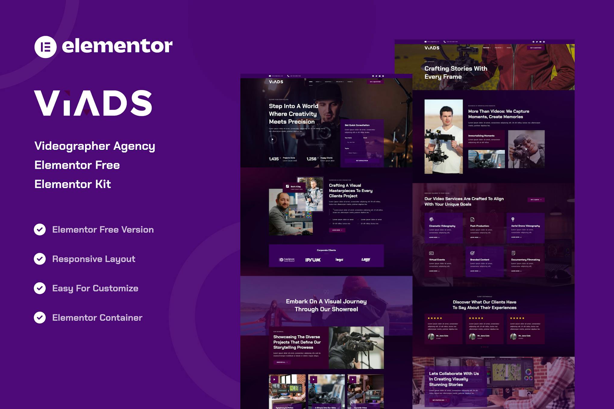 Viads - Videographer Agency Elementor Template Kit template kit cover image