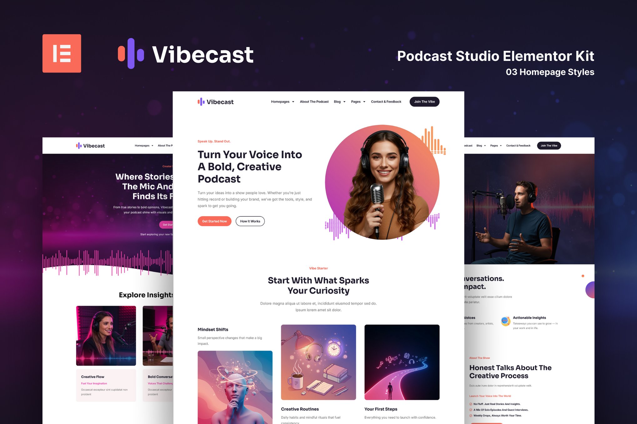Vibecast - Podcast Studio Elementor Pro Template Kit template kit cover image