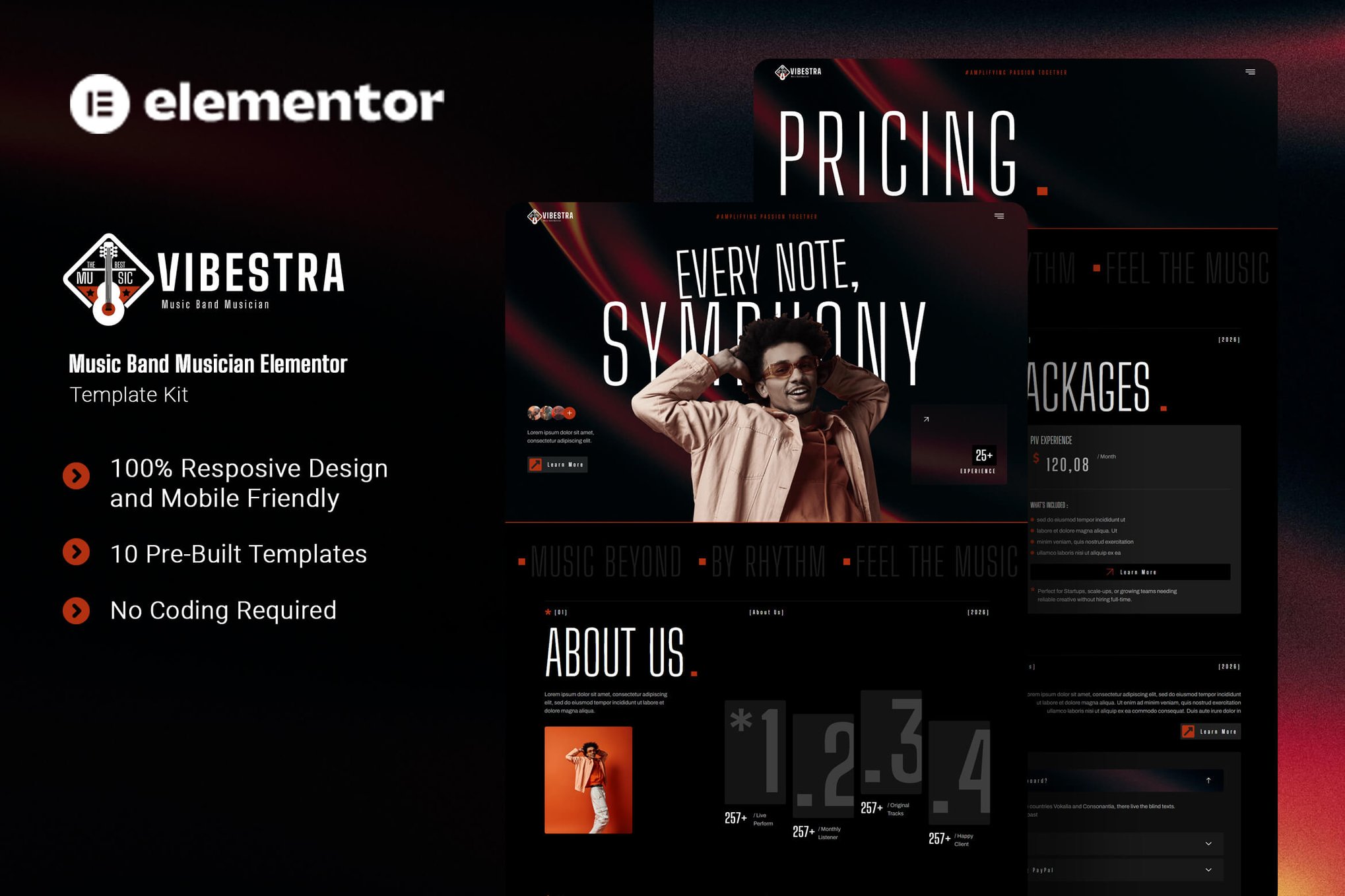 Vibestra - Music Band Musician Elementor Template Kit template kit cover image