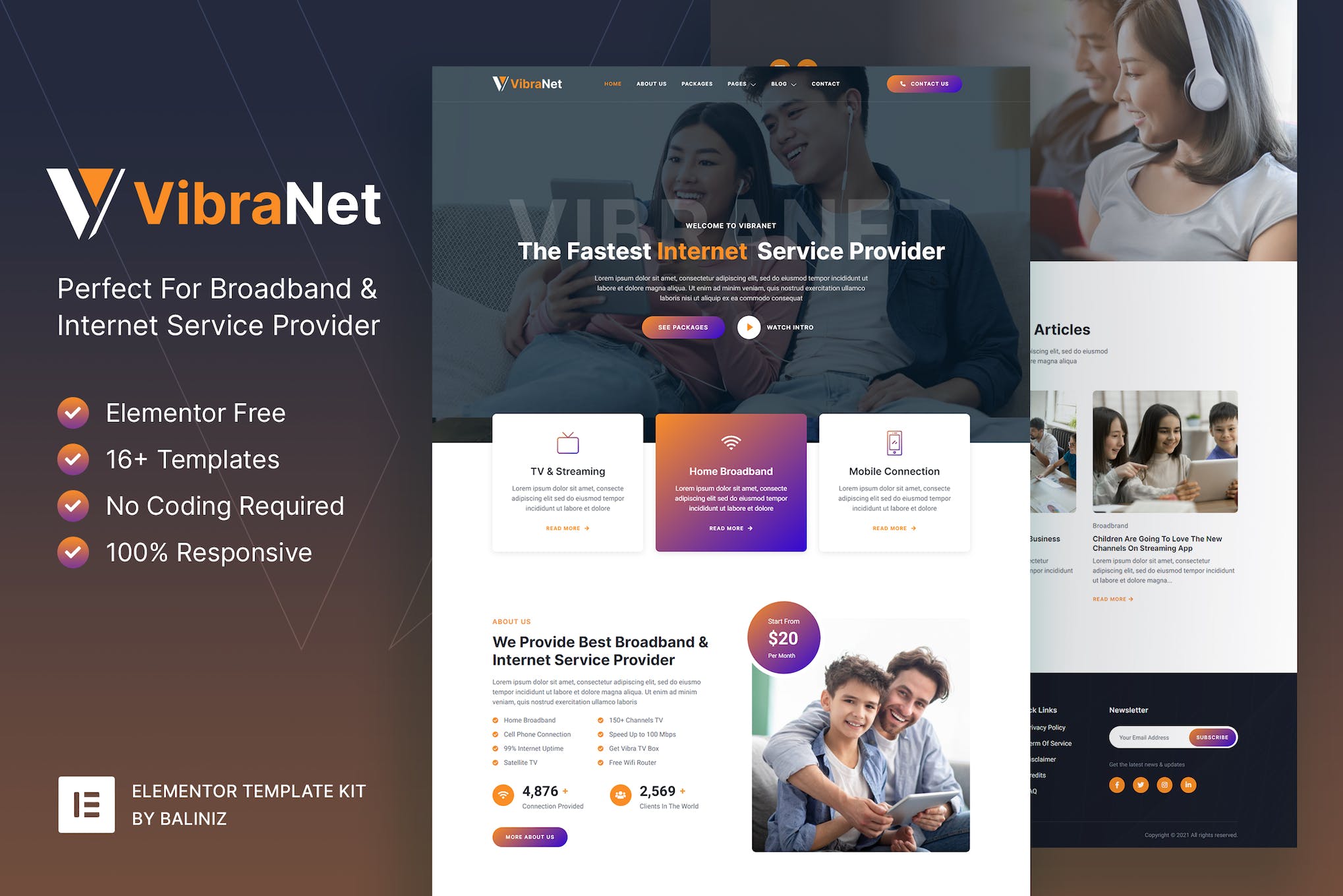 Vibranet – Broadband & Internet Service Provider Elementor Template Kit template kit cover image