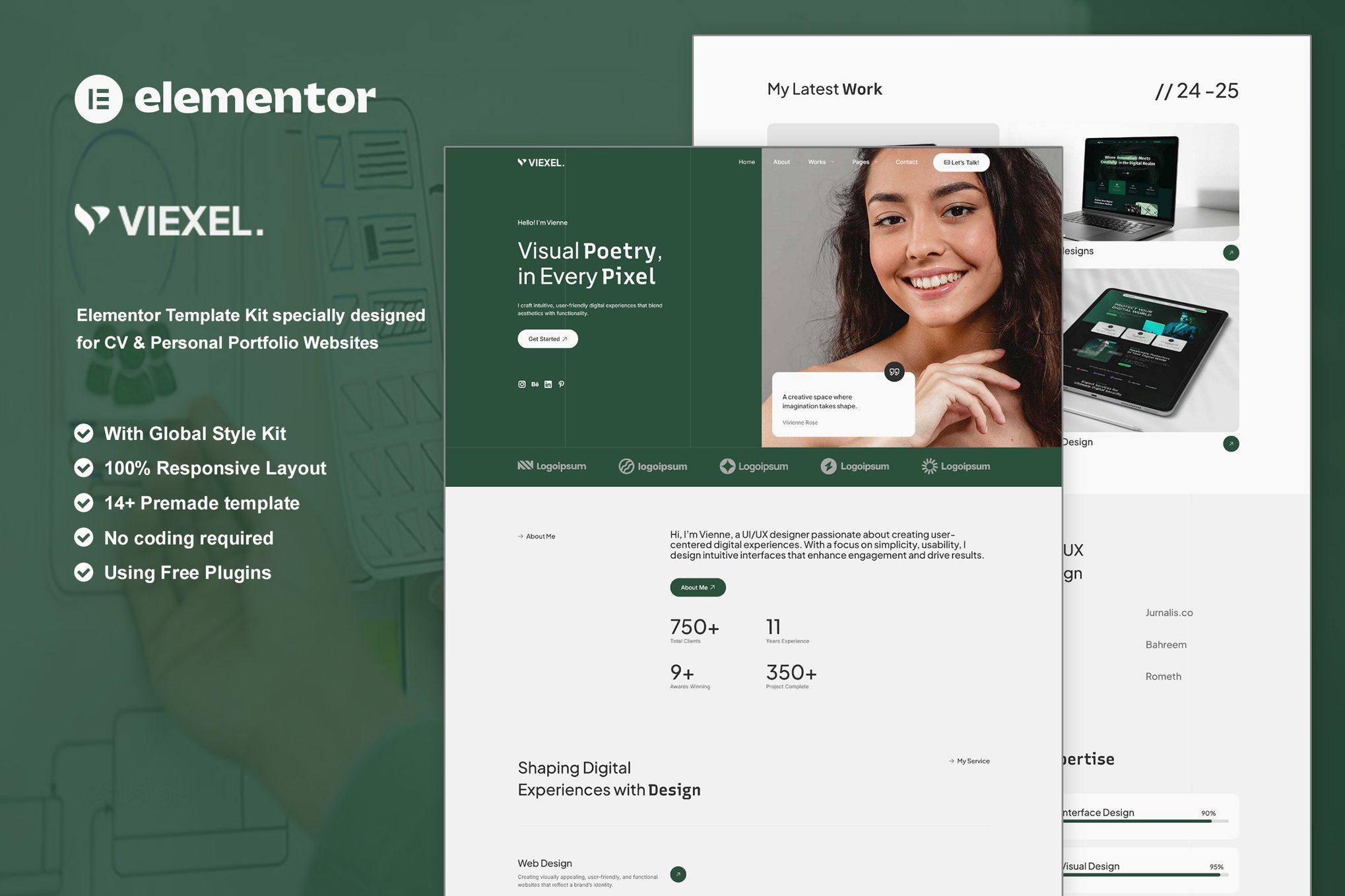 Viexel - CV & Personal Portfolio Elementor Template Kit template kit cover image