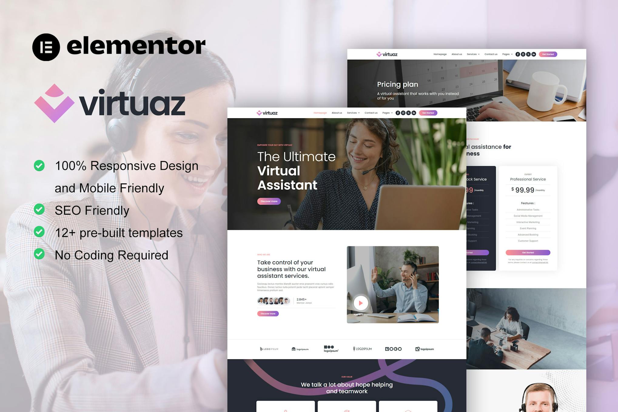 Virtuaz - Virtual Assistant Business Elementor Template Kit template kit cover image