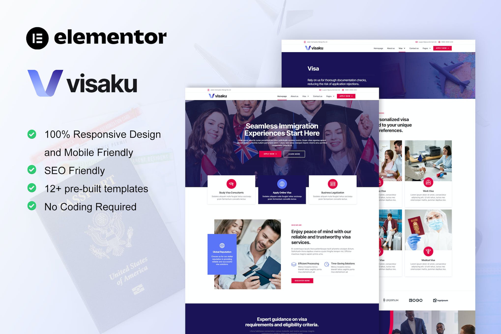 Visaku - Immigration & Visa Consulting Elementor Pro Template Kit template kit cover image