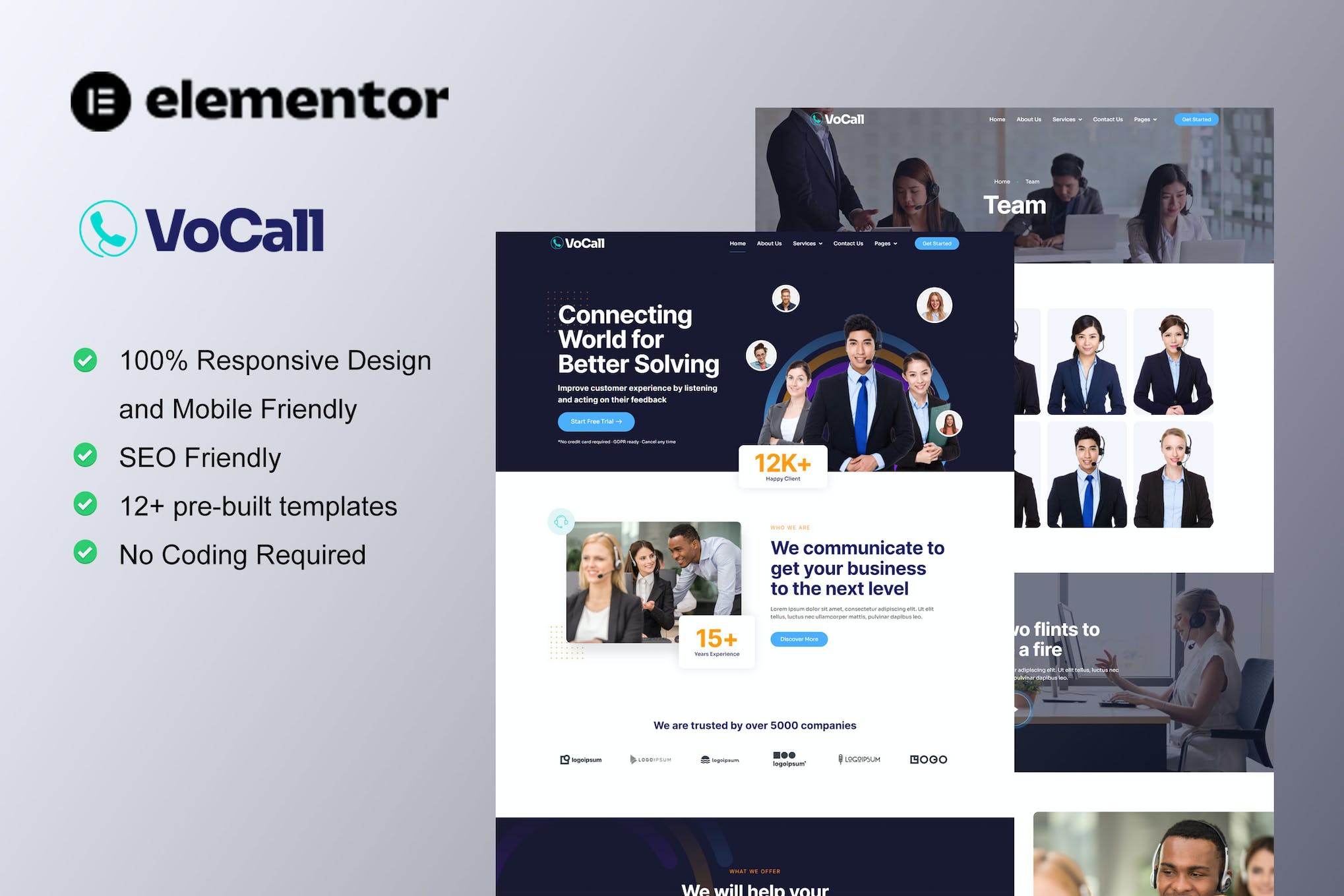 VoCall - Call Center & Telemarketing Elementor Template Kit template kit cover image