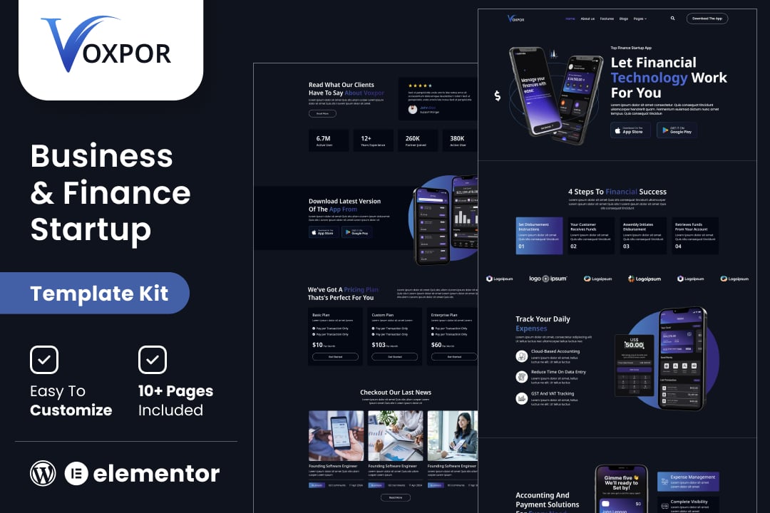 Voxpor - Business & Finance Startup Elementor Template kit template kit cover image