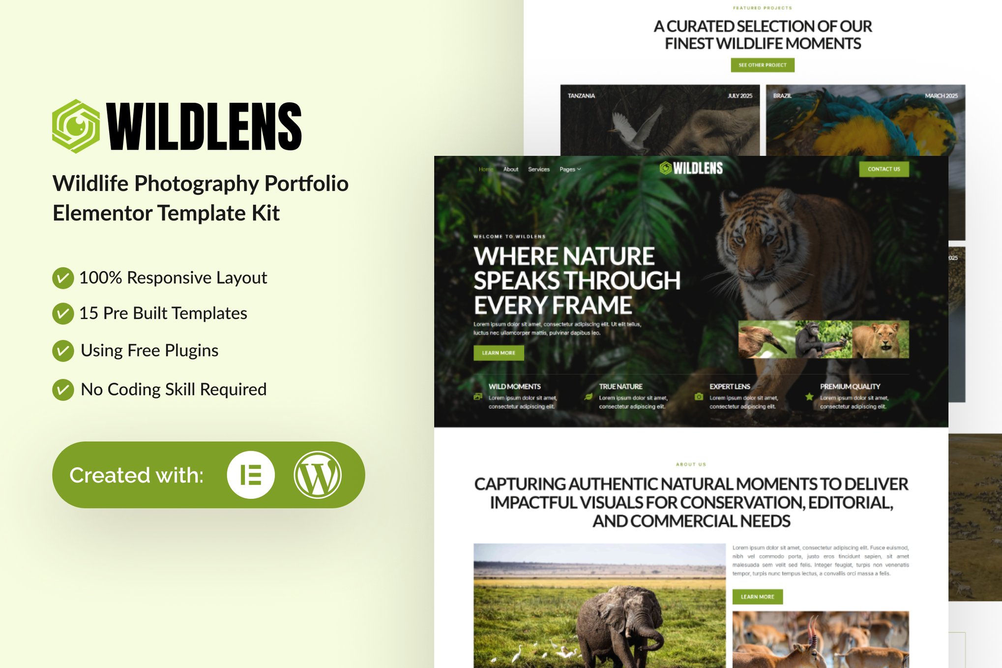Wildlens - Wildlife Photography Portfolio Elementor Template Kit template kit cover image