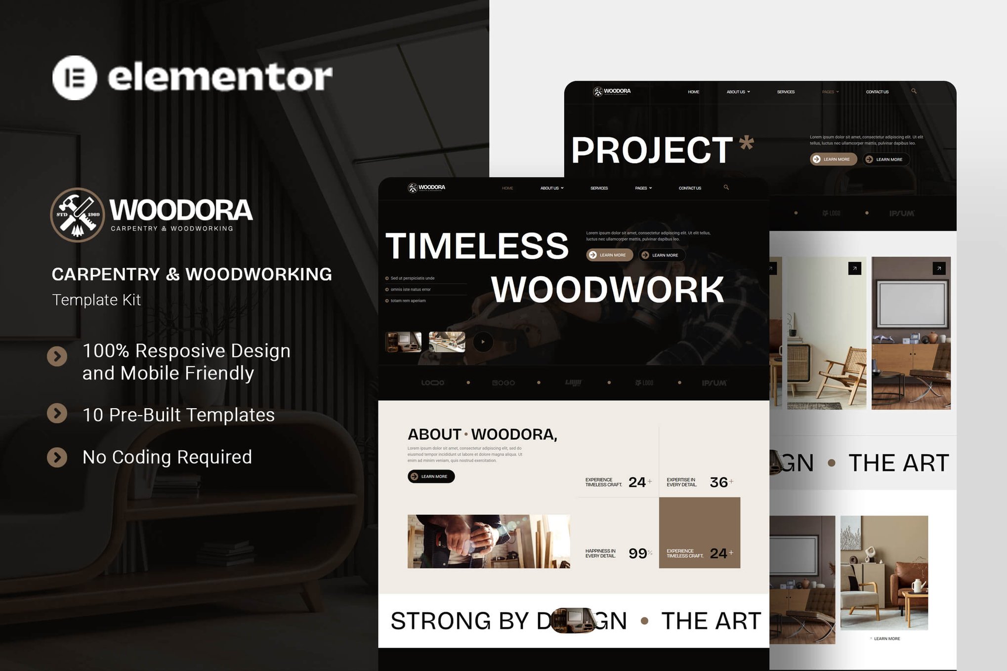 Woodora - Carpentry & Woodworking Elementor Template Kit template kit cover image