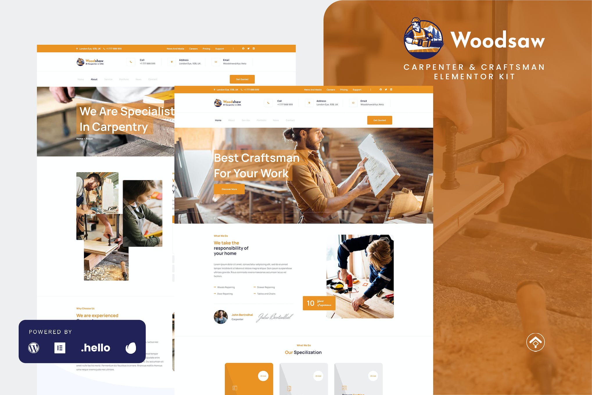 Woodsaw - Carpenter & Craftsman Elementor Template Kit template kit cover image