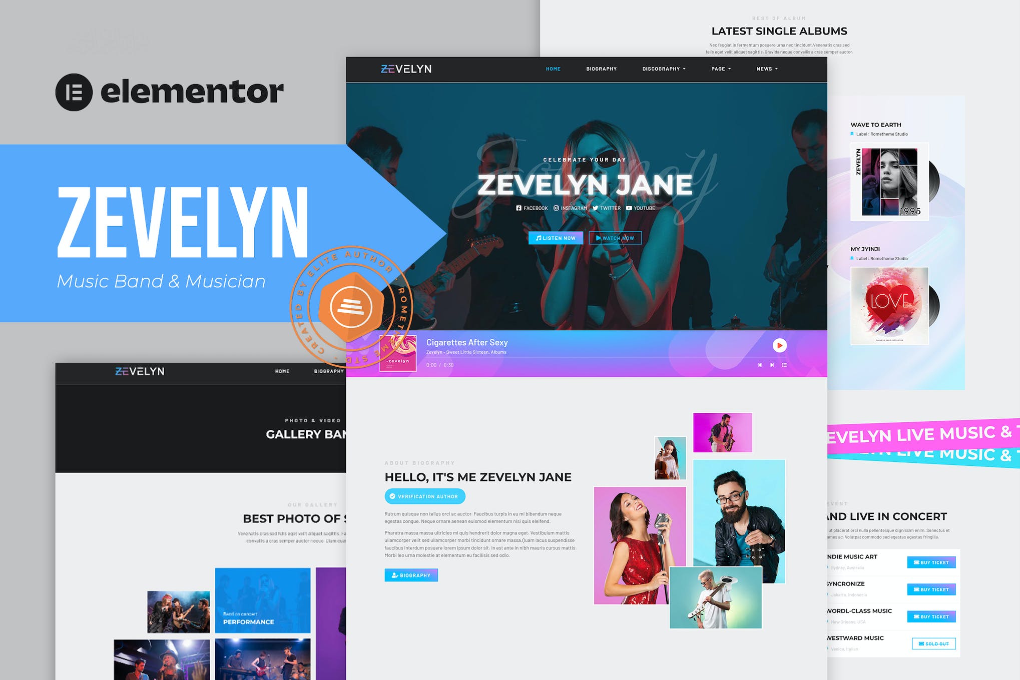 Zevelyn - Music Band & Musician Elementor Tempate Kit template kit cover image