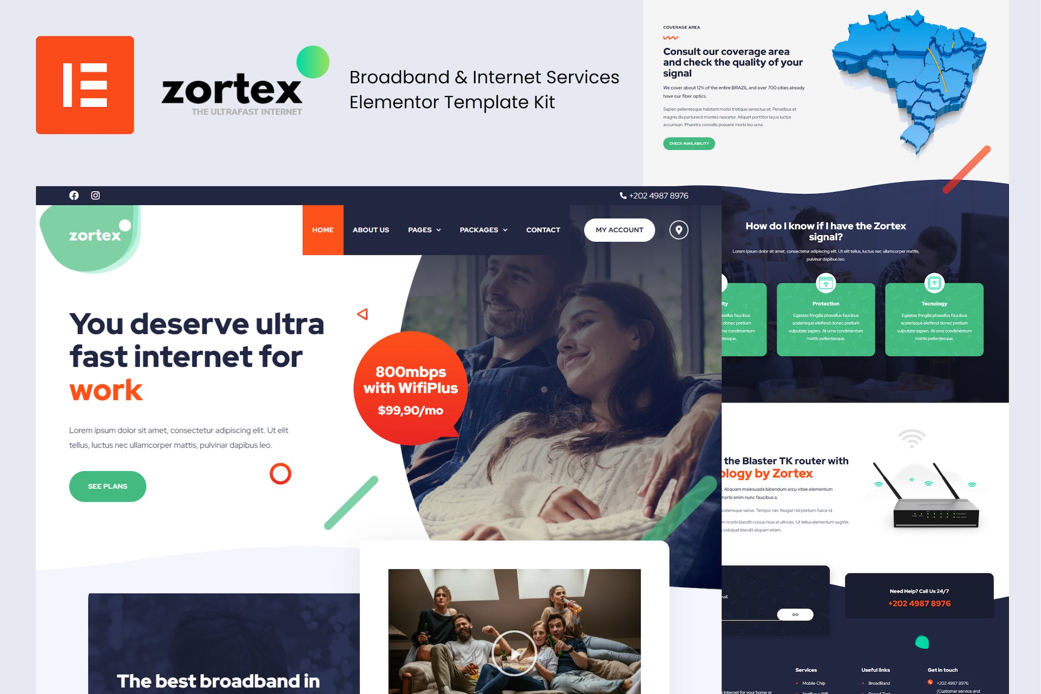 Zortex - Broadband & Internet Services Elementor Template Kit template kit cover image